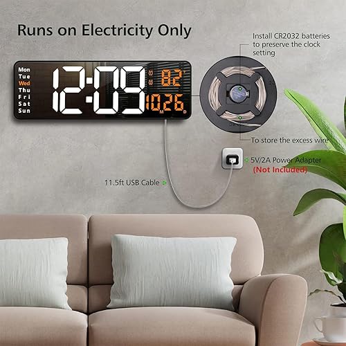 Miniatura 4 de Zgrmbo Reloj de pared digital grande de 16 pulgadas con control remoto, pantalla grande LED reloj de pared para sala de