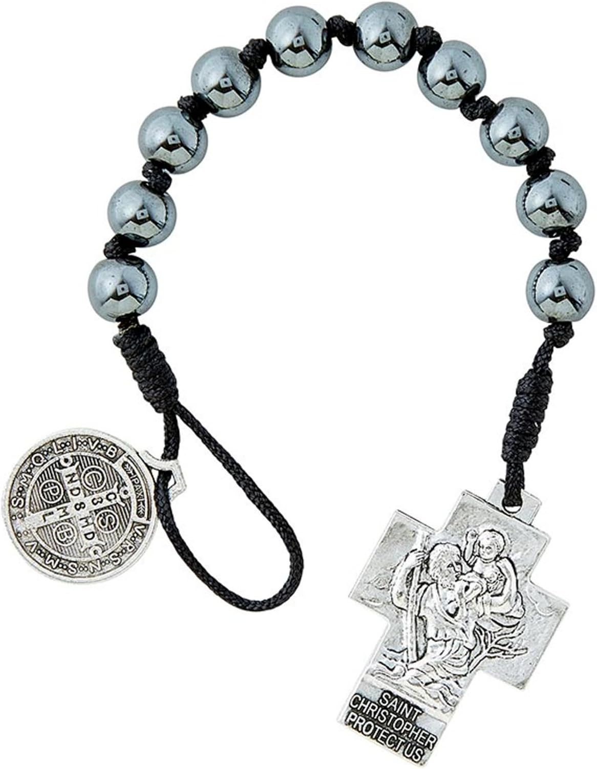 Trinity Church Supply St. Benedict and Saint Christopher Hematite Cord Auto Rosary – Travel Protection, 8mm Beads