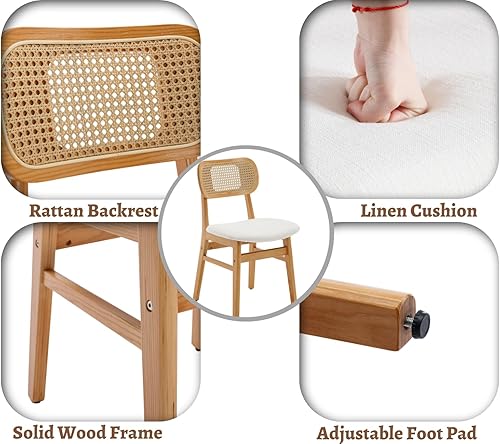 Vista 25 de EALSON Juego de 2 sillas de comedor de ratán, tapizadas de cuero, sillas de cocina de madera modernas de mediados de siglo, sillas laterales sin