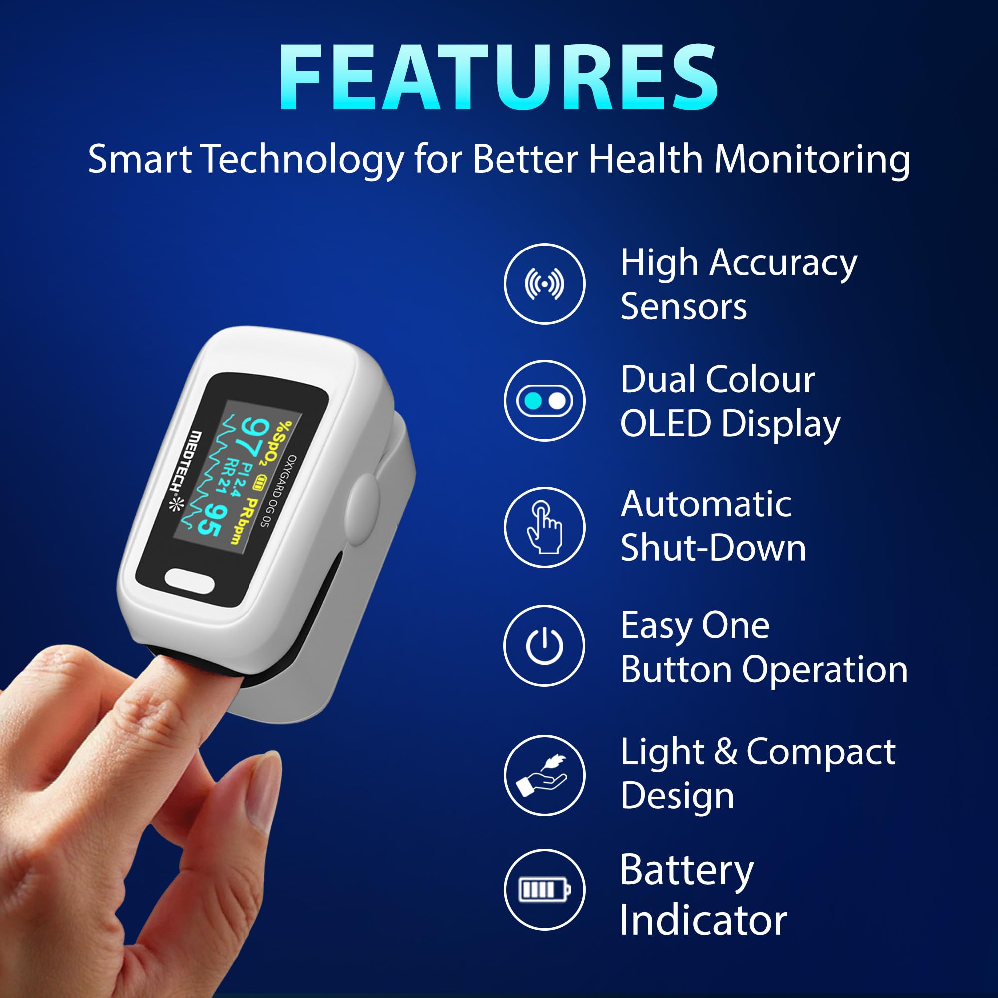 Medtech OG05 - Fingertip Pulse Oximeter | Blood Oxygen Saturation and Heart Rate Monitor | SpO2 Oxygen Meter | Finger Pulse oximeter | 4 Parameters - Perfusion Index, Respiratory Rate, Oxygen Level and Pulse Rate | High Accuracy | 12 Months Warranty 2