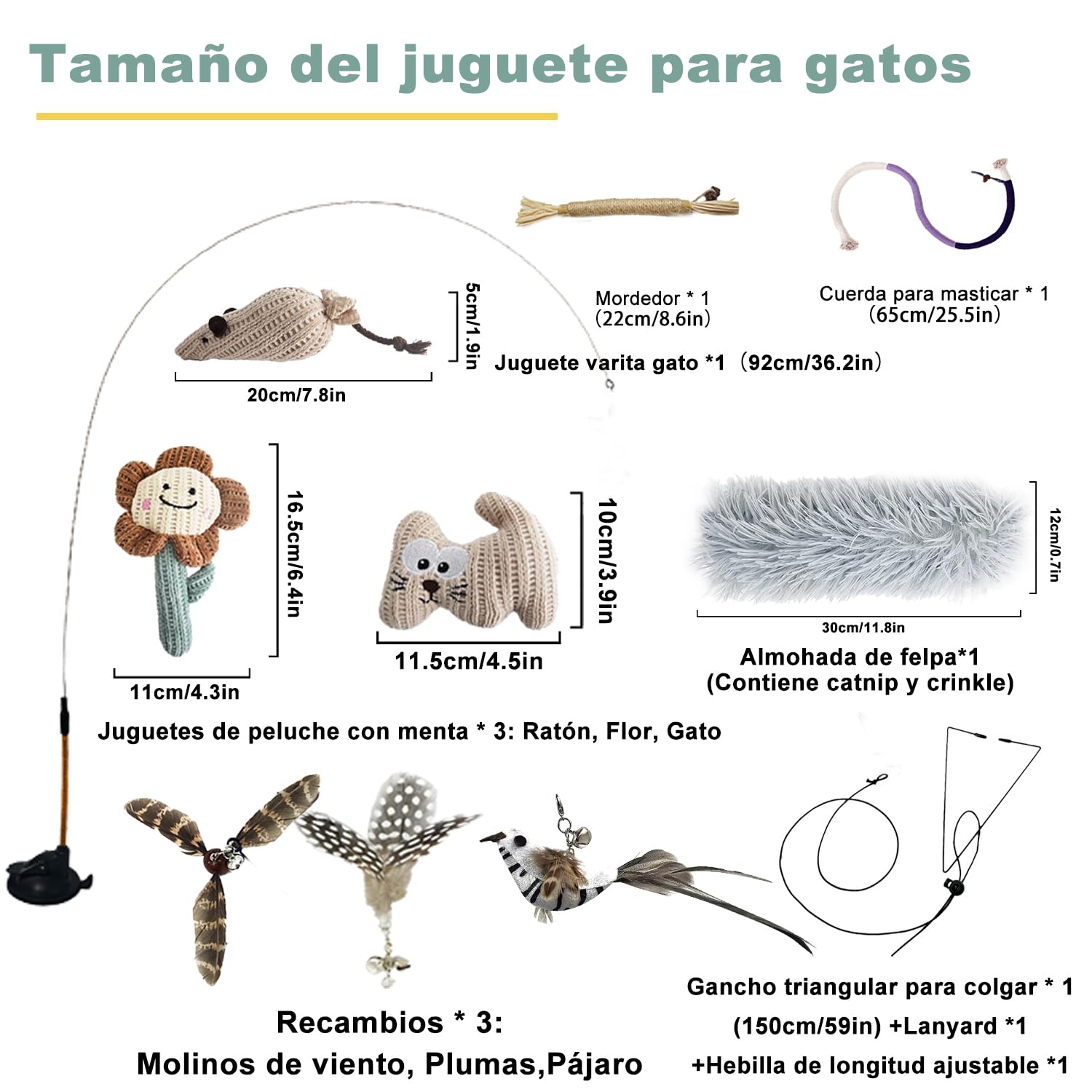 7 En 1 Juguetes Gatos Interactivos de Interior Con Ventosas Adhesivas Lavables,Juguetes Para Gatos, Palitos de Hierba Gatera y Mordedor de Cuerda Juguetes gatos Colgantes Para con Hierba Gatera