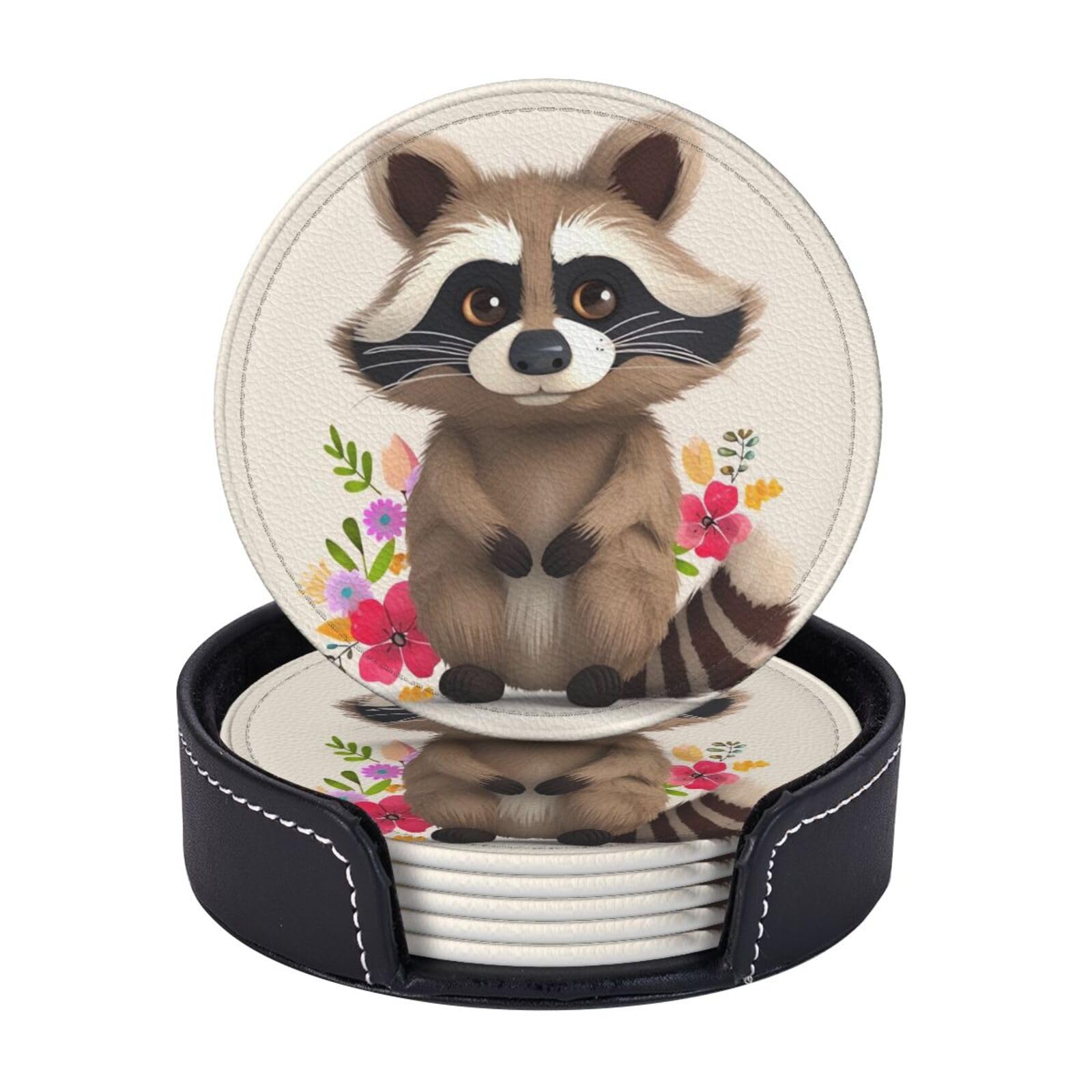 Drink Coasters 6Pcs Round Leather Coaster with Holder raccoon Coasters for Drinks Coffee Cup Mat Heat Resistant Coaster for Tabletop Protection Desk Accessories Office Home Decor
