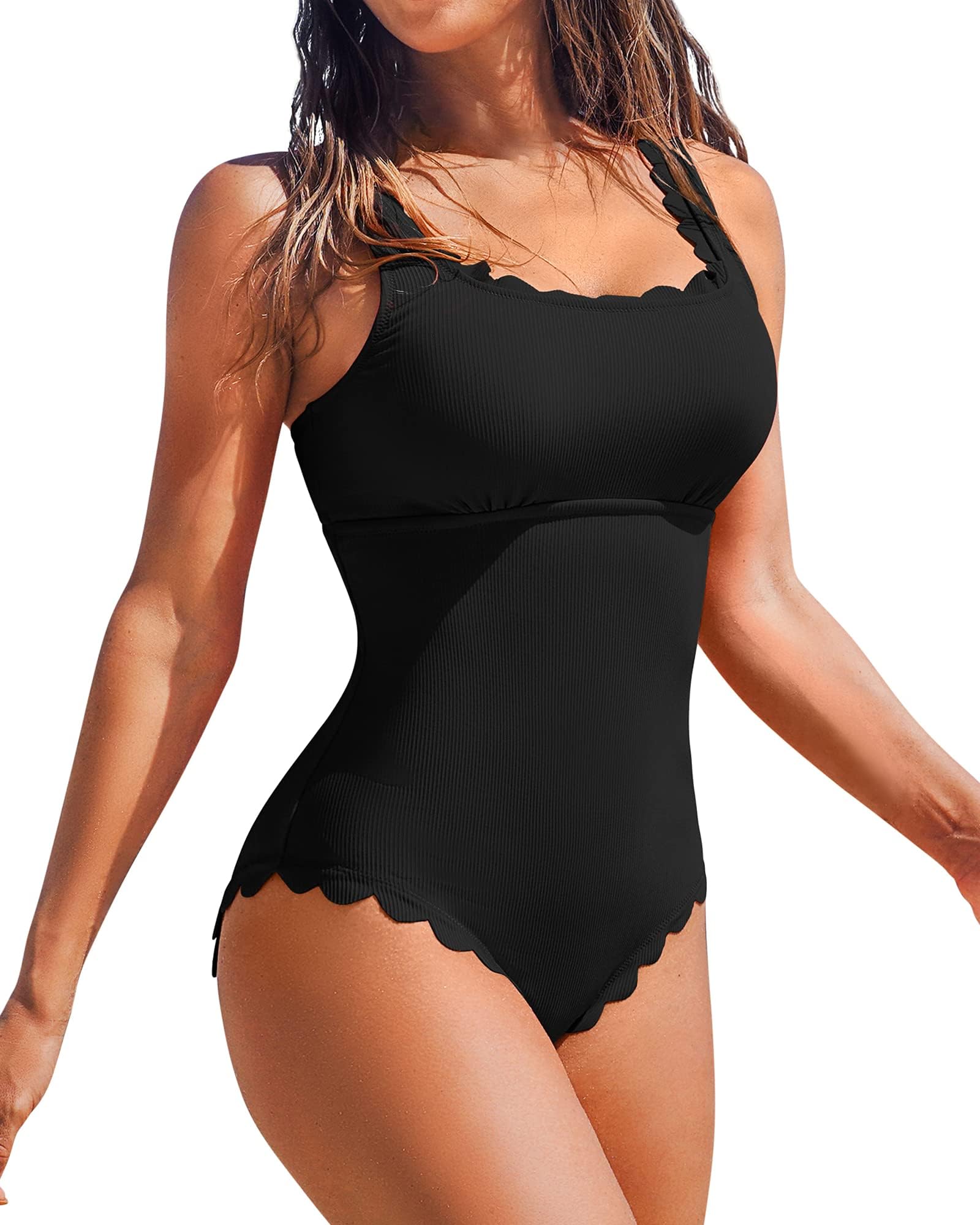 Womens Scalloped Ribbed One Piece Swimsuits Retro Square Neck Modest Bathing Suits
