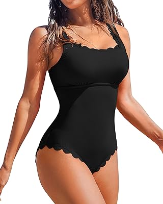 Charmo Womens Scalloped Ribbed One Piece Swimsuits Retro Square Neck Modest Bathing Suits