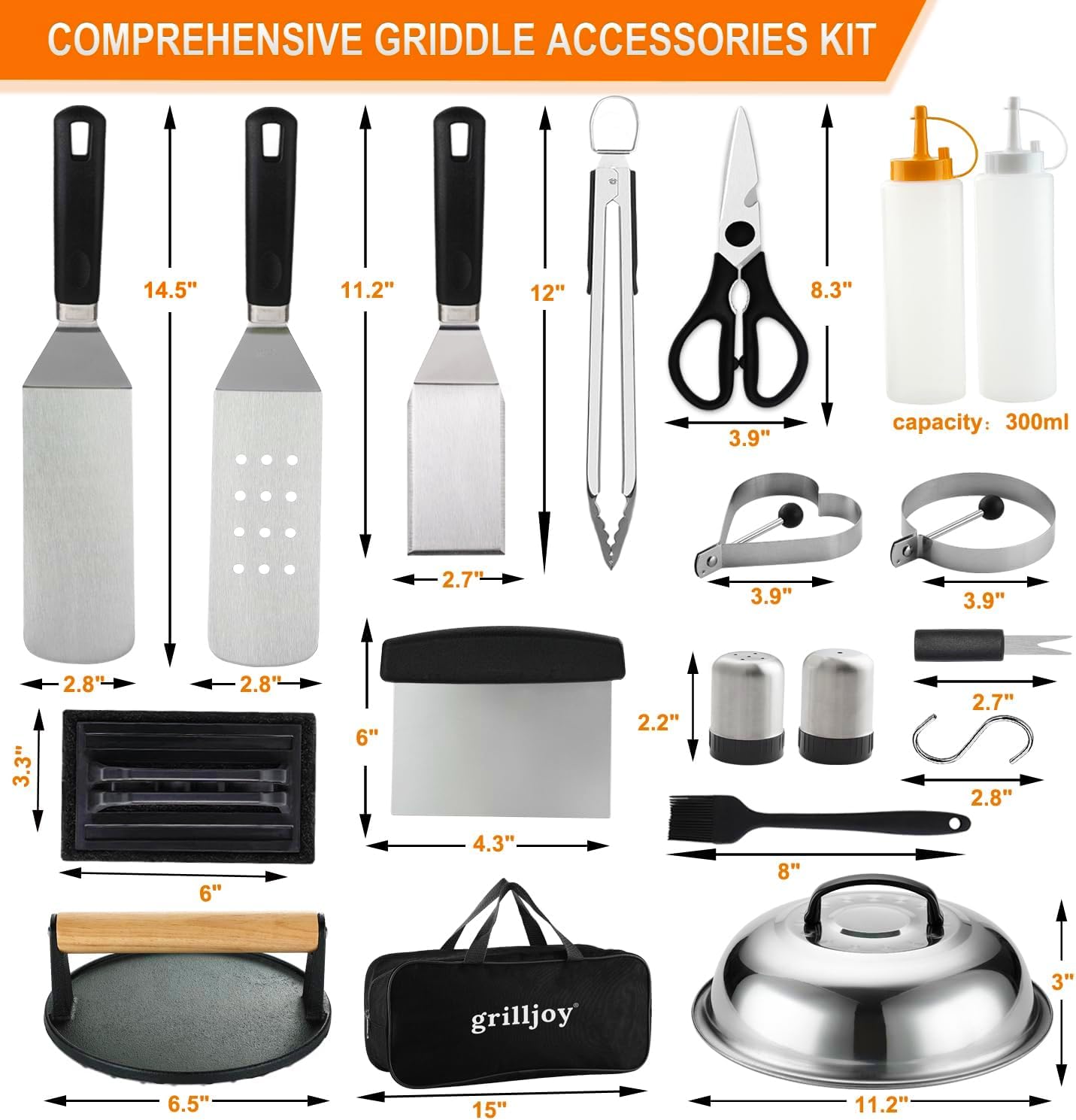 grilljoy Kit di 28 accessori per piastra con kit di pulizia per Teppanyaki Camping Cooking - Set completo di strumenti per la piastra in borsa per il trasporto - Coperchio per imbastire, pressa per