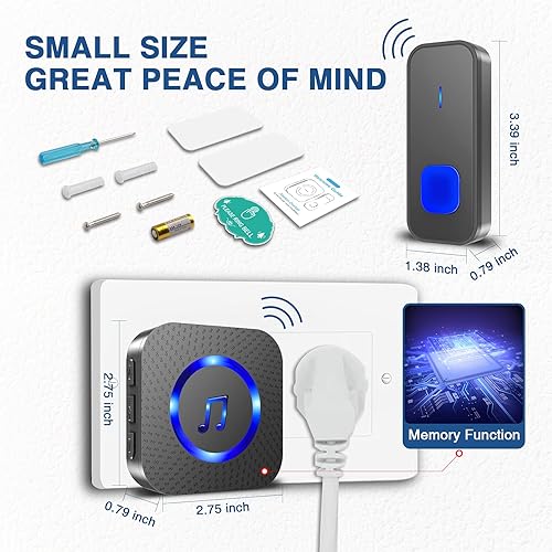 Miniatura 7 de SURFOU Timbre inalámbrico, impermeable, fácil instalación, rango de 1300 pies, 55 campanillas, 5 niveles de volumen ajustables, flash LED (1 botón+2