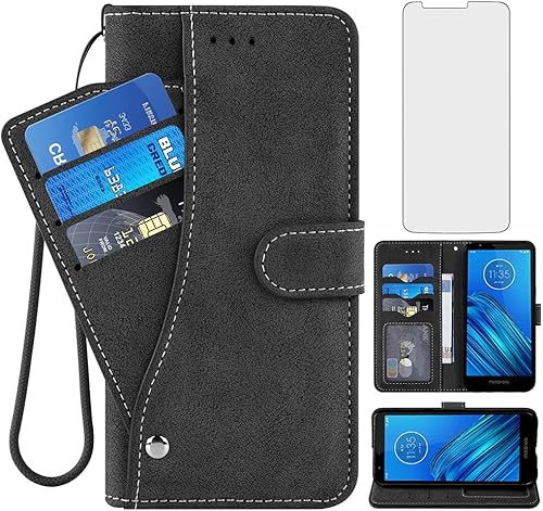 Asuwish Funda tipo cartera compatible con Moto E6 y protector de pantalla de vidrio templado, soporte para tarjetero, accesorios móviles, cubierta
