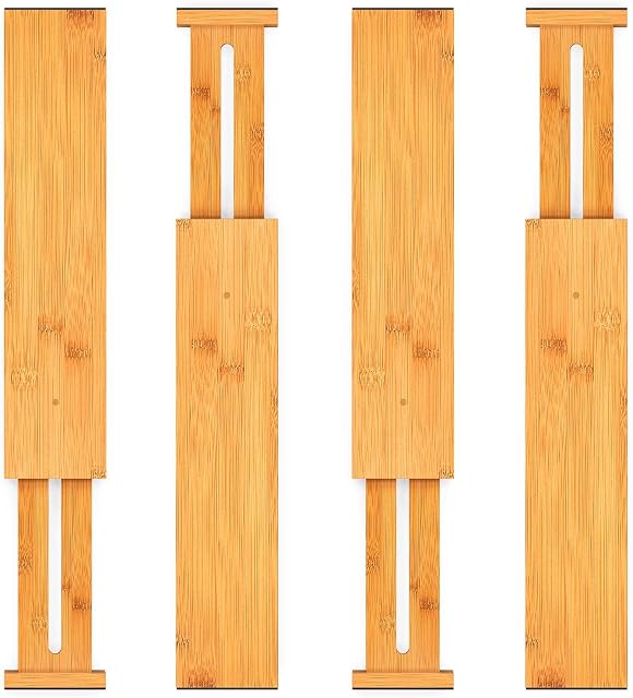 Pipishell Bamboo Drawer Dividers, Adjustable Dresser Drawer Organisers, Spring Loaded Kitchen Utensil Drawer Organiser Dividers for Cutlery Drawer Wardrobe, Clothes, Bathroom, Baby Drawer, Tools