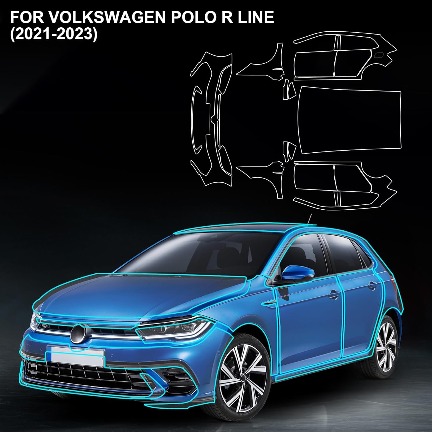 PPF Gloss Clear Precut Car Paint Protective Film for Volkswagen Polo R Line 2021-2023 TPU HD Film Scratch Protector Exterior Accessories (Door + Side Skirt Rear Side + B-Pillar 11Pcs)