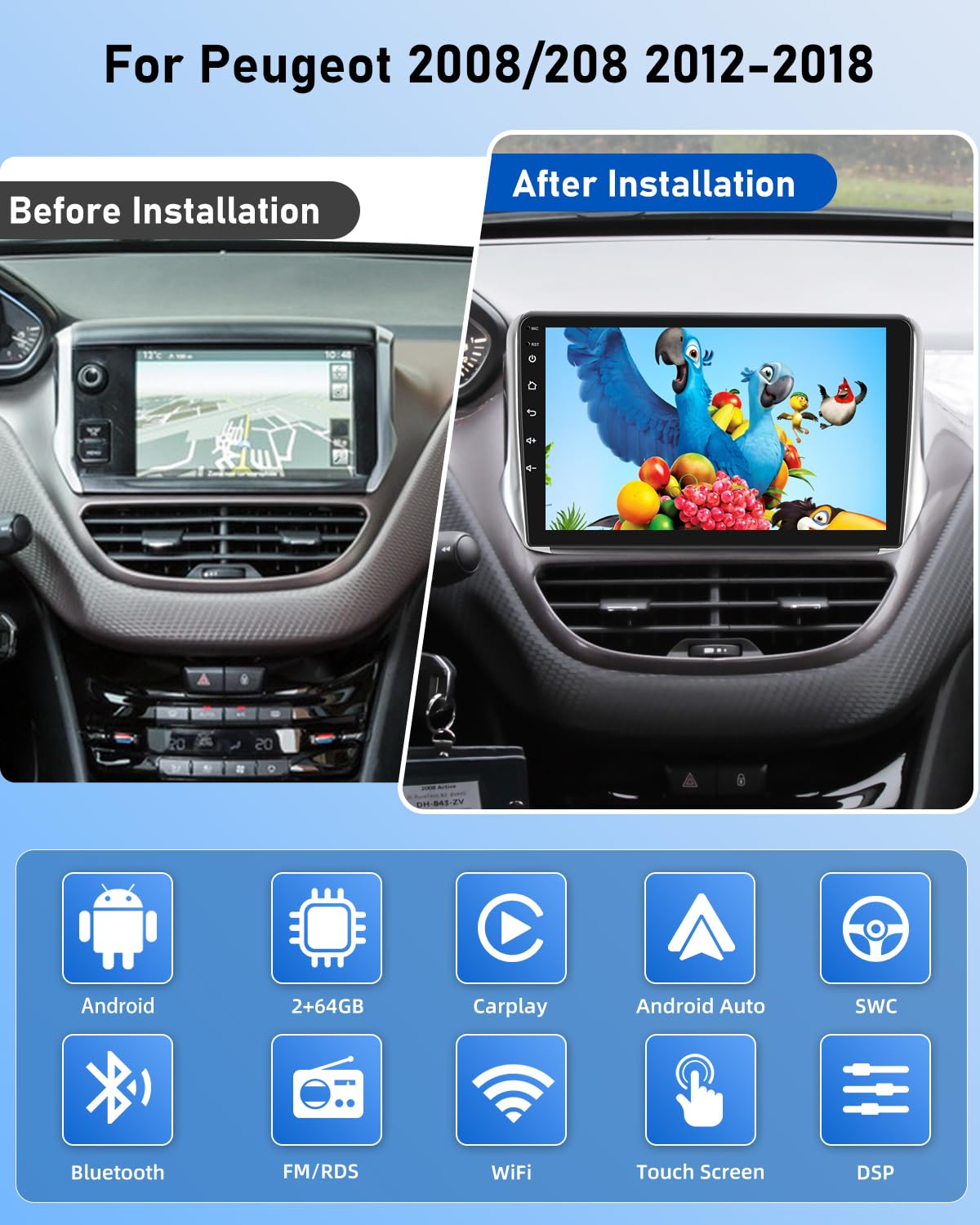 NHOPEEW 2G+64G Android Radio del Coche para Peugeot 2008/208 2012-2018- Wireless Carplay & Android Auto - 10 Pulgadas Radio con WiFi EQ GPS Mirror Link FM RDS + Cámara de visión Trasera