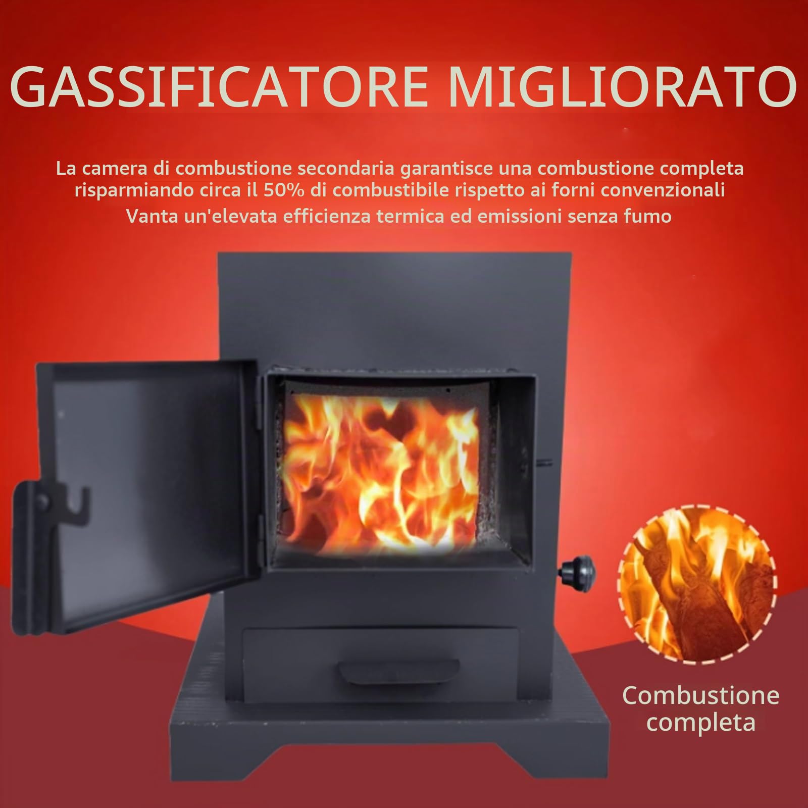 Stufa A Pellet, Stufa A Legna Ventilata Con 3 Prese D'Aria E Focolare In Ghisa, Combustione Completa, Senza Fumo For Cucinare, Acqua Bollente