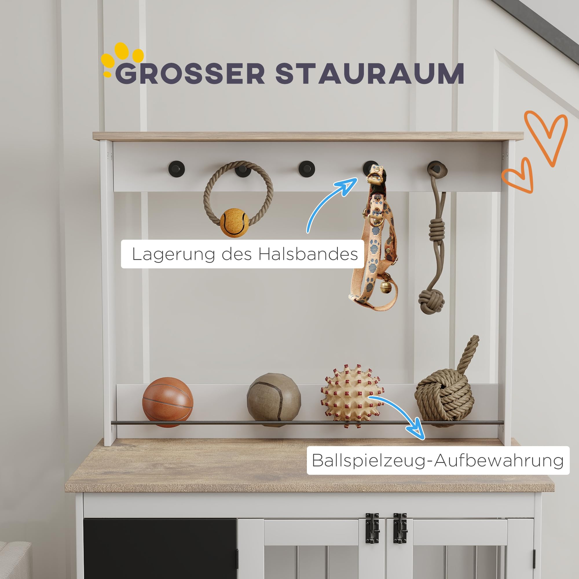 PawHut Hundekäfig für Zuhause mit 3 Türen, Haken für große Hunde Weiß | Hundebox, Hundehaus mit Radiergummi, Schreibtafel, Aufbewahrungsregal für Spielzeug
