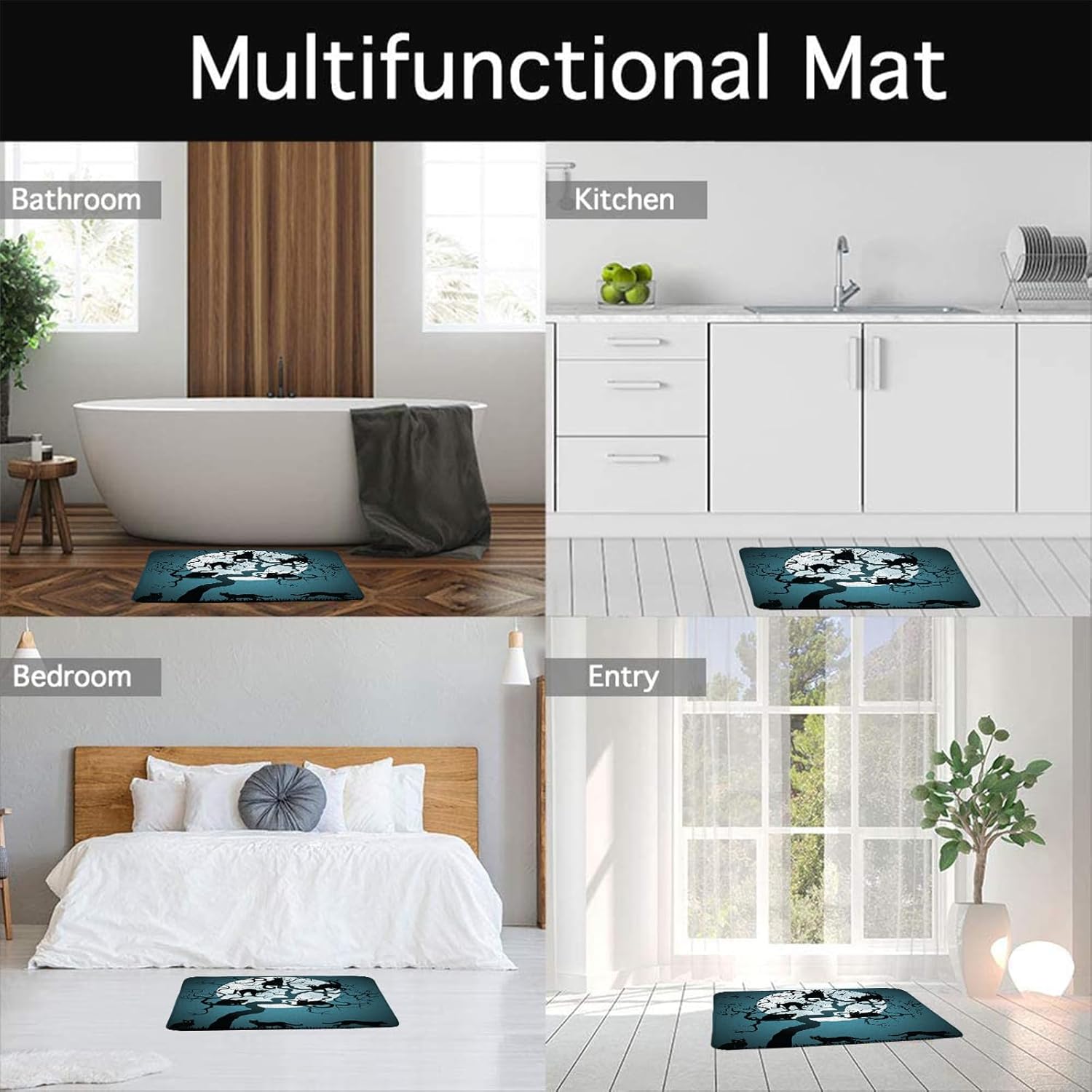 Halloween Bath Mat Black Cat Dead Tree Full Moon Witchy Spooky Halloween Gothic Night Blue Memory Foam Home Office Door Bathroom Decor Mat,24"x60"