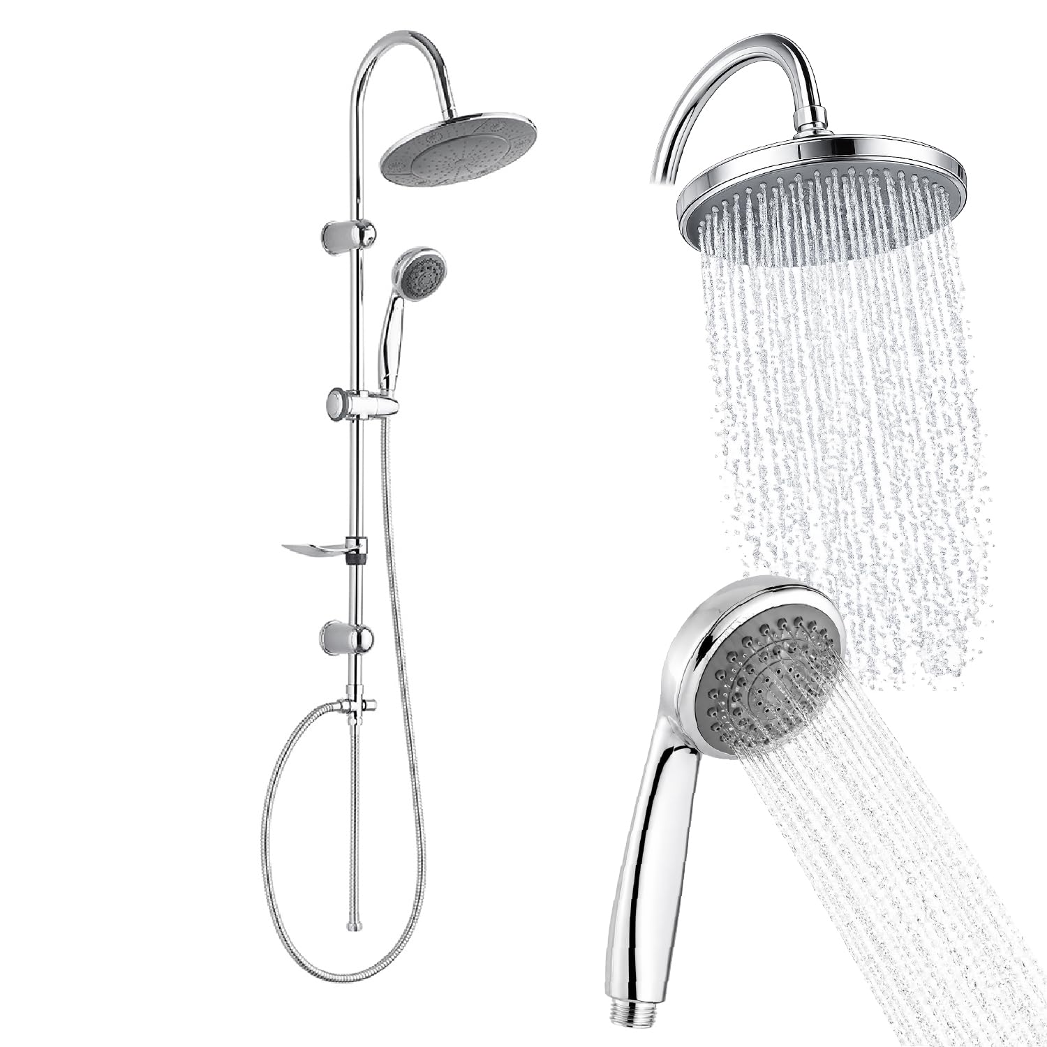 Barre réglable de douche en acier chromé avec pommeau et flexible de salle de bain