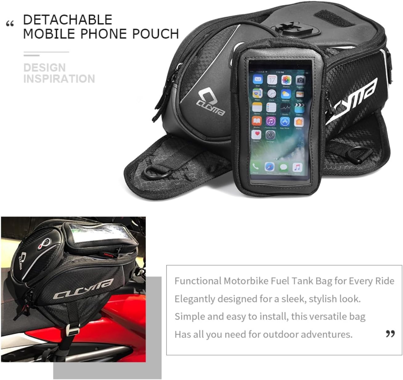 Motorcycle Tank Bag, Magnetic Motorcycle Tank Bag with Detachable Clear Phone Pouch and Rain Cover, Gas Tank Bag for Street and Touring Bikes, Black