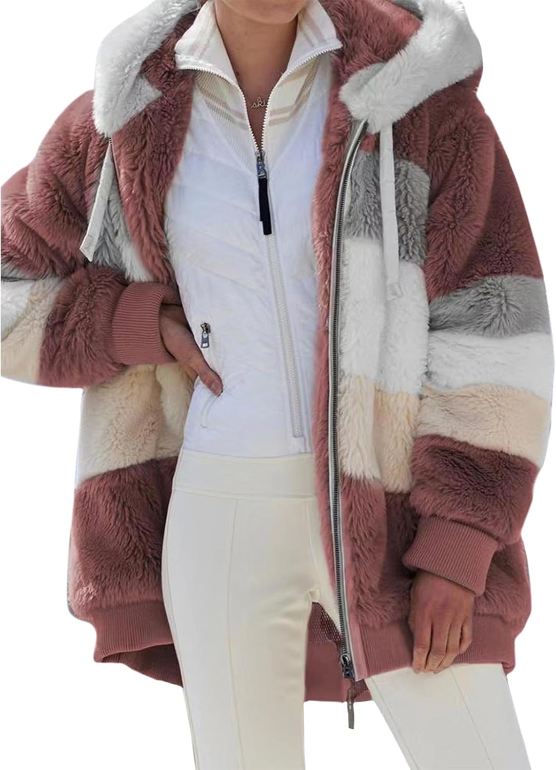 Zaswen Womens Sherpa Jacket Warm Soft Fuzzy Full Zip Plus Size Winter Coats with Hood Casual Outerwear Fluffy Fleece Jackets