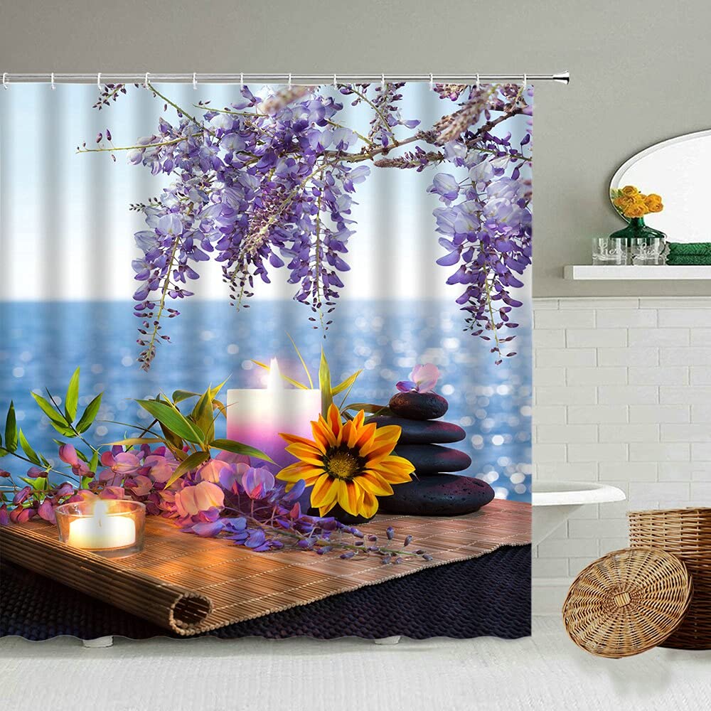 Zen Green Bamboo Orchid Basalt Spring Shower Curtain Spa Theme Bathroom Wall Decoration Waterproof Polyester Screen S.2 90x180cm