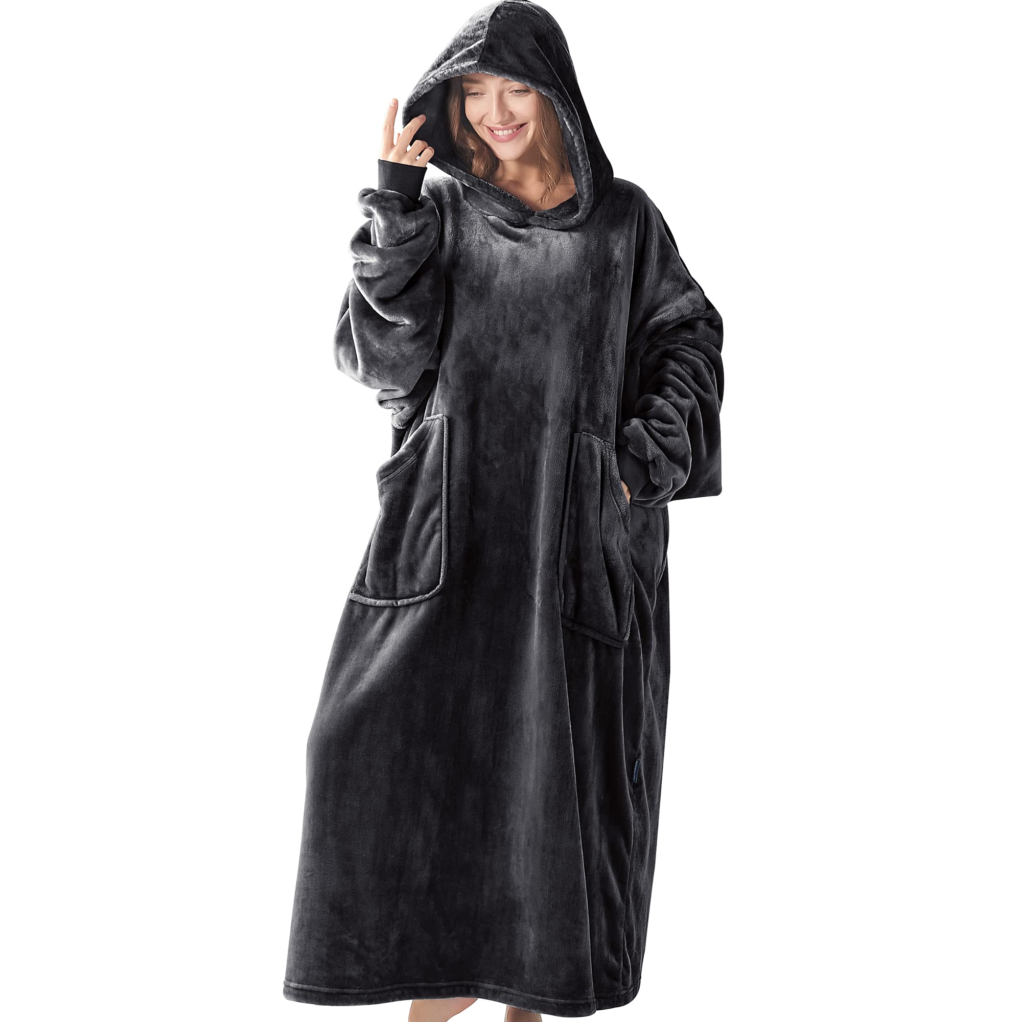 BEDELITE Wearable Blanket Hoodie - Oversized Long Fleece Hooded Blanket Adult, Cozy and Warm Giant Sweatshirt Blanket with Sleeves and Pocket, Winter Gift for Women Men-Black 53"x32"