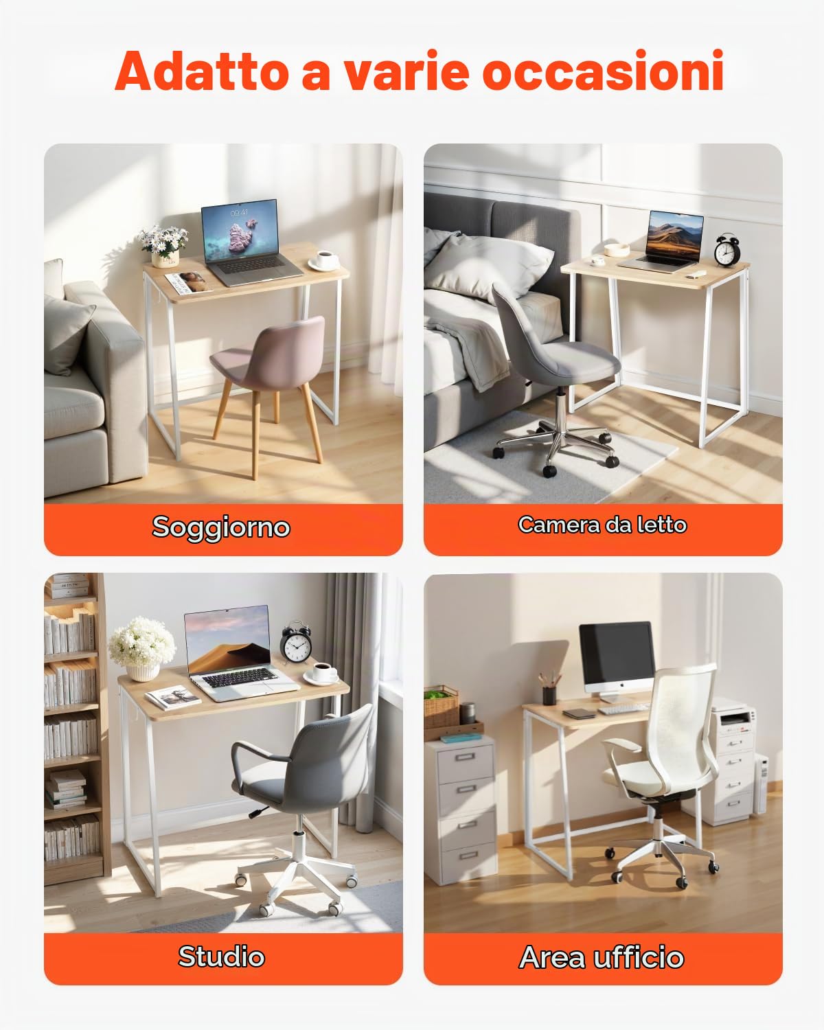 VEVOR Scrivania Pieghevole, Tavolo Piccolo da 80 cm, Tavolo per Computer, Robusto Pannello di Particelle con Ganci Portaoggetti, Postazione di Lavoro per Ufficio Domestico, Facile da Montare, Rovere