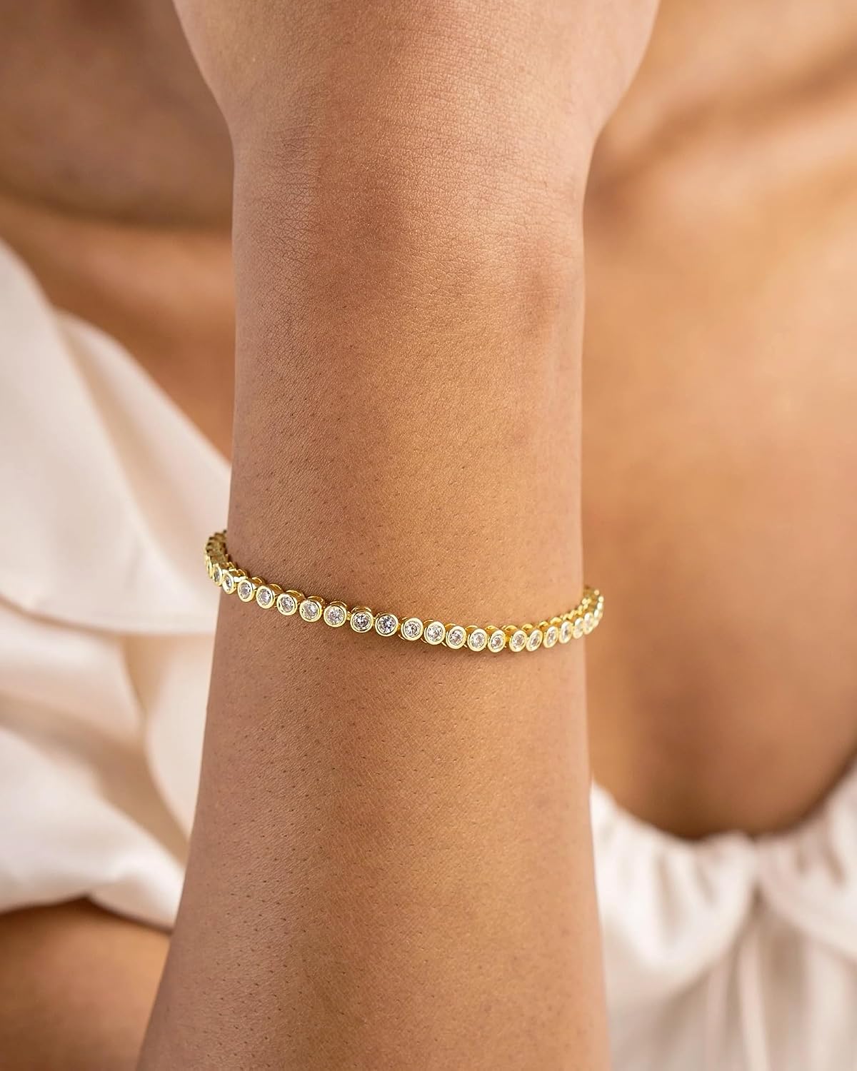 14k Gold Plated 3mm Cubic Zirconia Tennis Bracelets for Women Dainty Gold Bezel Tennis Bracelet Jewelry Gift for Wedding Bridal Prom Size 6.75+1 Inch