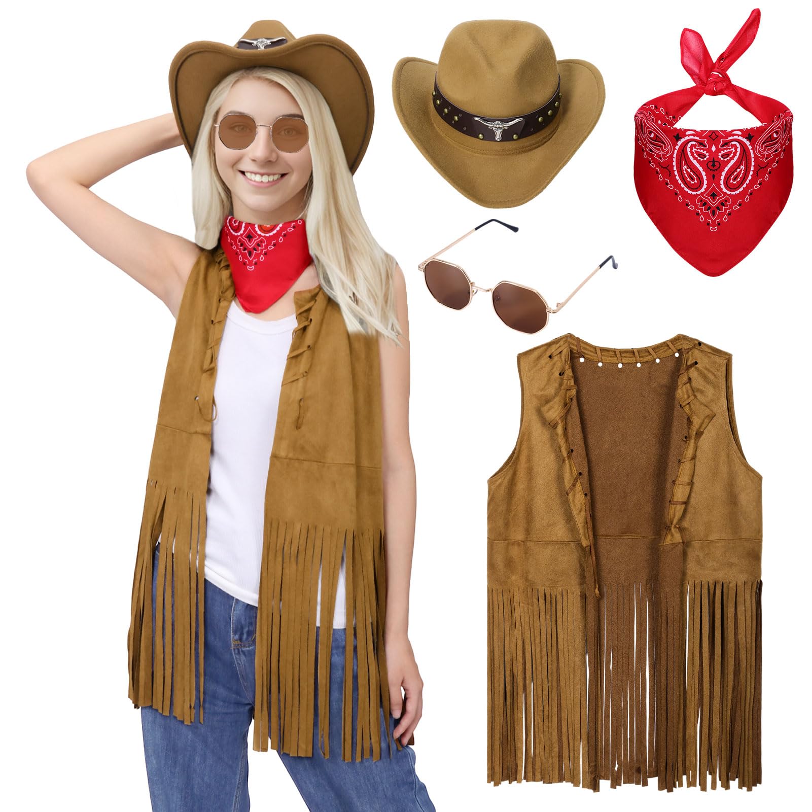 Antsparty Cowgirl Outfits for Women, Cowgirl Fancy Dress with Tassel Vest Cowboy Hat Red Bandana Sunglasses, 70s Hippy Fancy Dress for Western Cowboy Party