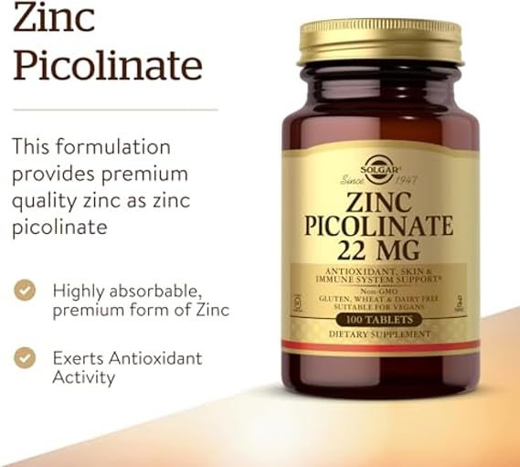Solgar Zinc Picolinate 22 mg, 100 Tablets - Promotes Healthy Skin - Supports Immune System, Normal Taste & Vision - Antioxidant Non-GMO, Vegan, Gluten Free, Kosher - 100 Servings
