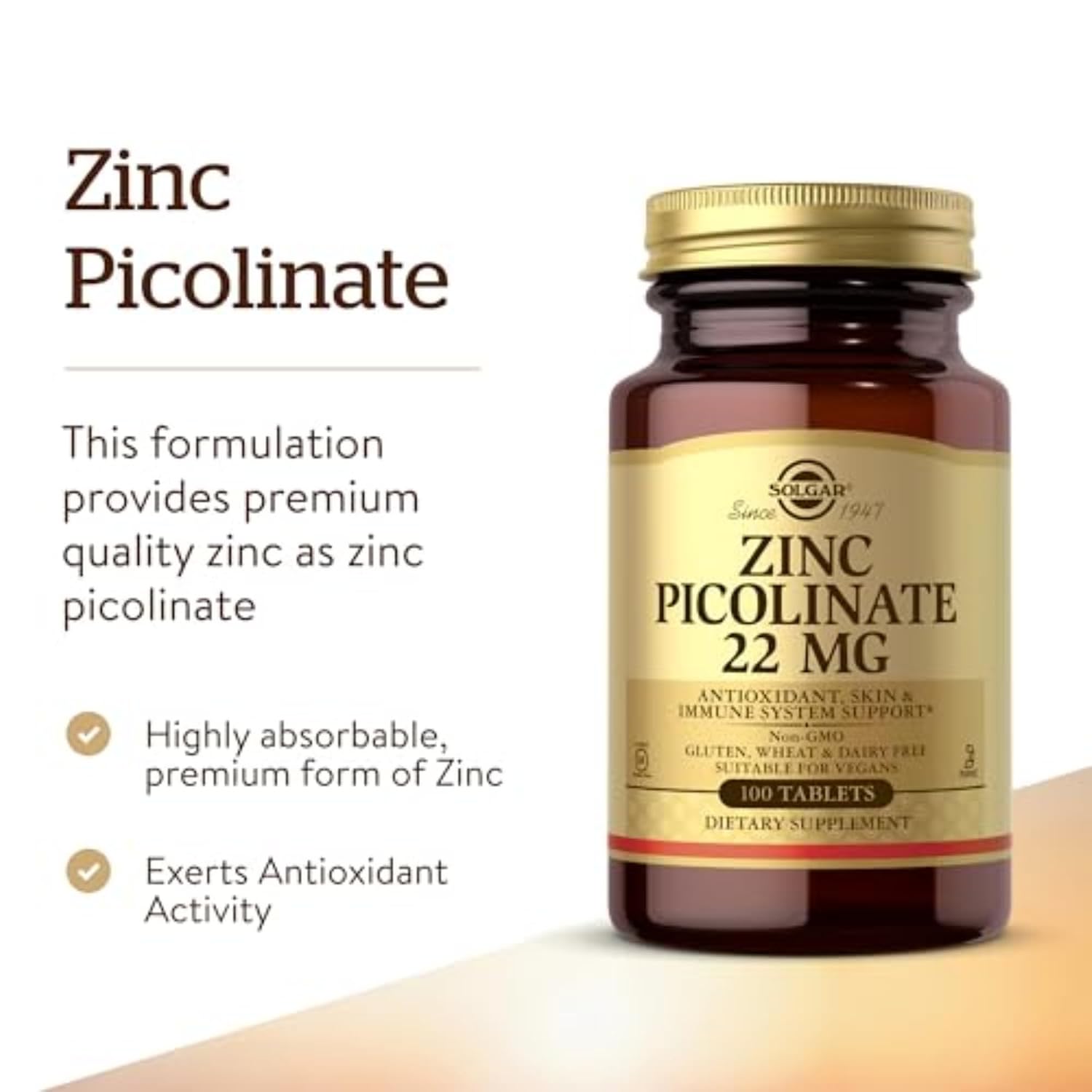 Solgar Zinc Picolinate 22 mg, 100 Tablets - Promotes Healthy Skin - Supports Immune System, Normal Taste & Vision - Antioxidant – Non-GMO, Vegan, Gluten Free, Kosher - 100 Servings - Image 2