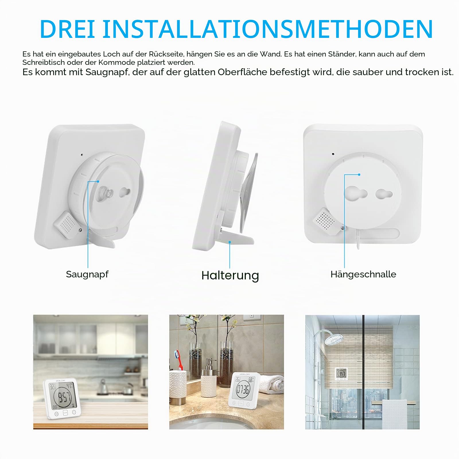 ALLOMN Badezimmer Uhr, LCD Digital Dusche Wecker wasserdichte Berührungssteuerung ℃ / ℉ Temperatur Luftfeuchtigkeit, Countdown Timer, 3 Montagemethoden, Batterieleistung (Weiß)
