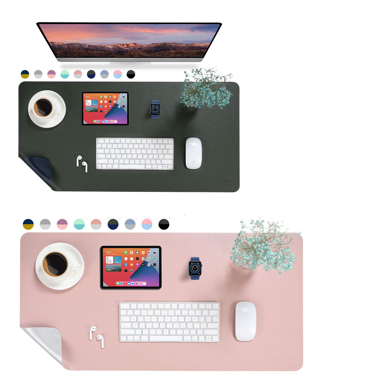 AFRITEE Desk Pad Protector Mat - Rose Pink/Silver, 31.5" x 15.7" & Dark Gray/Black, 23.6" x 13.8"
