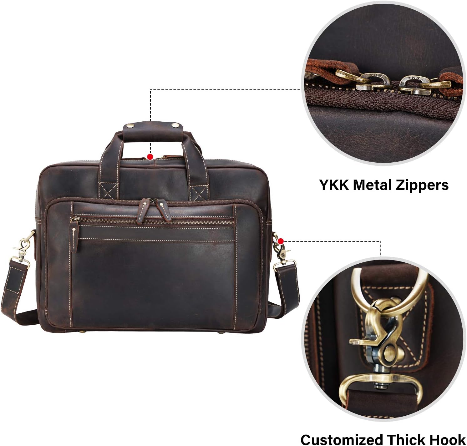 Men's Solid Thick Full Grain Leather 17.3" Laptop Briefcase Classic Messenger Bag Fit Business Travel | Solid, Thick, Full Grain Leather, 17.3", Classic, Fit