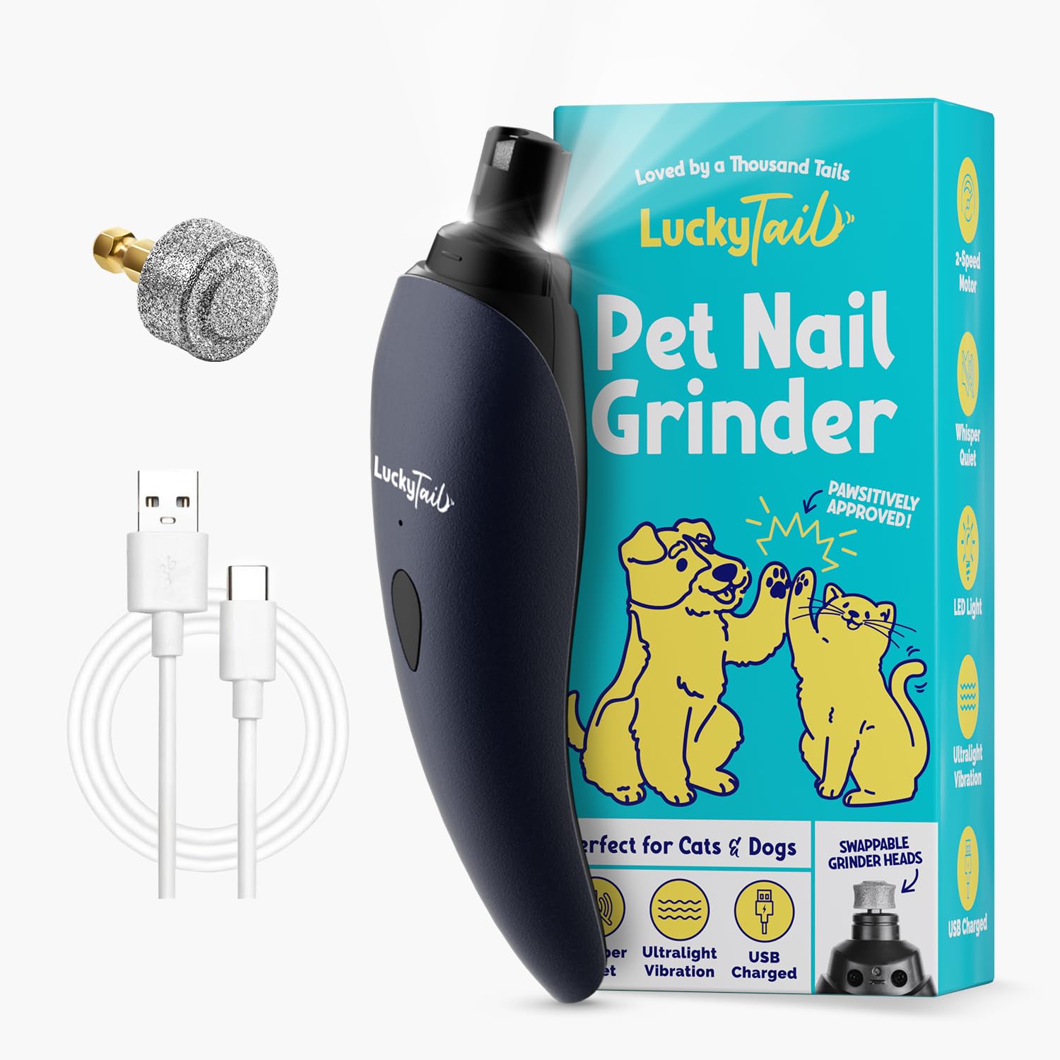 LUCKY TAIL Pet Nail Grinder for Dogs and Cats - Super Quiet and Low Vibration Electric Dog Nail Grinder with 2 LED Lights - USB Rechargeable and