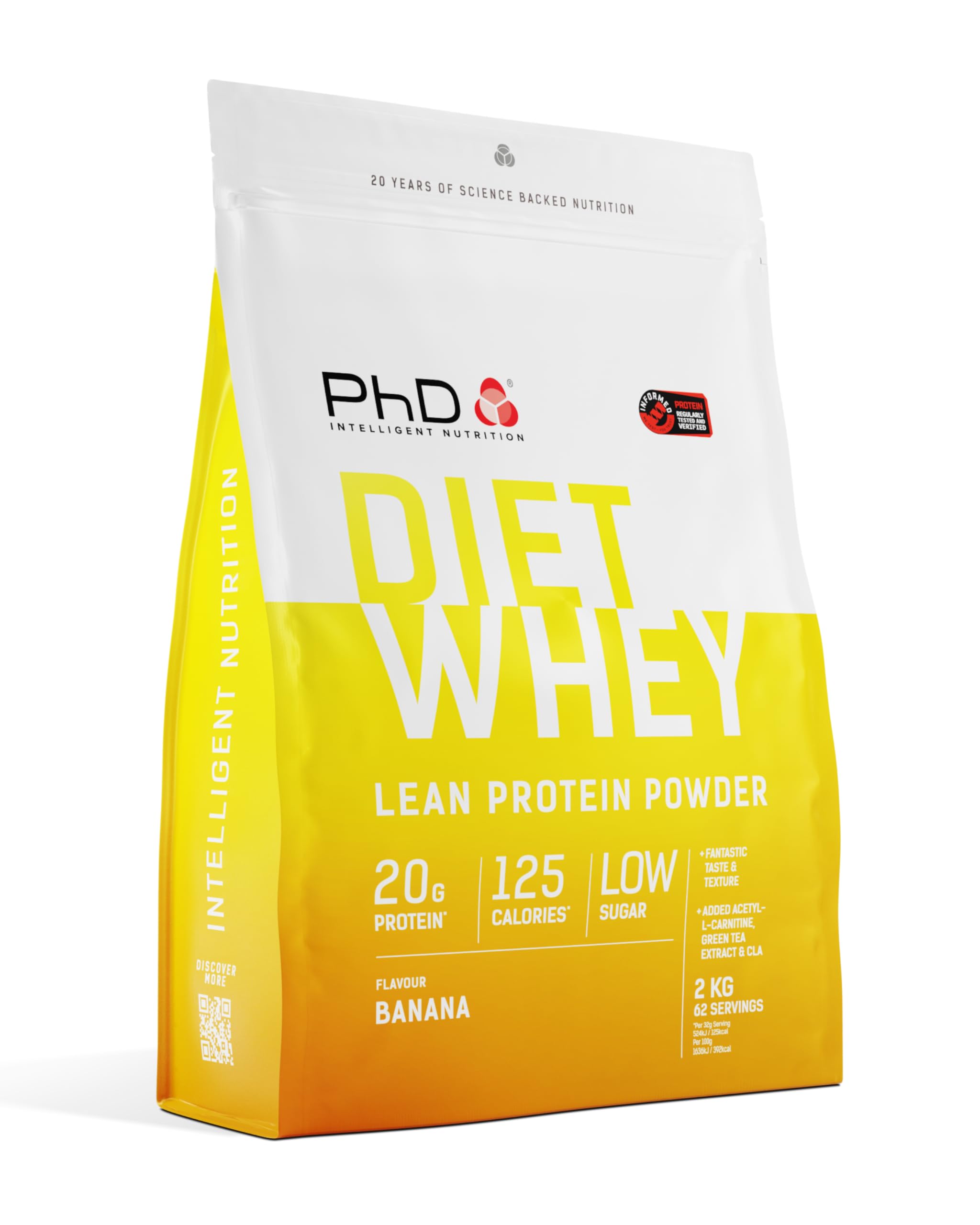 PhD Nutrition Diet Whey Protein in Polvere 2kg Banana - Proteine del siero di latte con 20g di proteine e 5,5g di BCAA per porzione, Basso contenuto di zuccheri e calorie