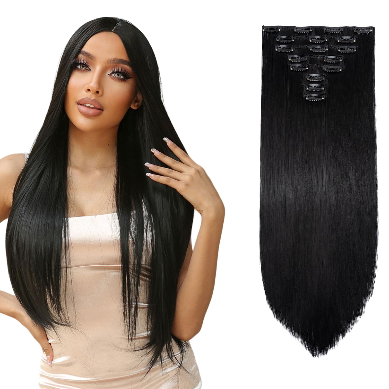 Dcbaboo Extension Capelli Clip Lisci Nero 8 Fasce in Hair Extension Sintetici Lunghi 65cm Posticci per Capelli Finti Estensioni Diritti Naturale per Donna
