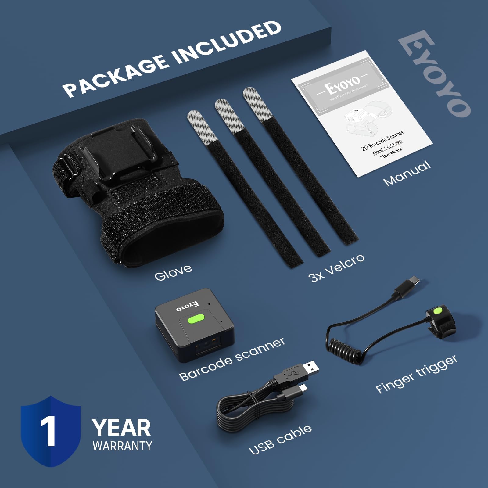 Eyoyo Scanner di codici a barre indossabili 2D: scansione rapida con grande portata, guanto destro e sinistro, anello portatile Bluetooth 1D QR Code Scanner compatibile con iPhone iPad Android Phone