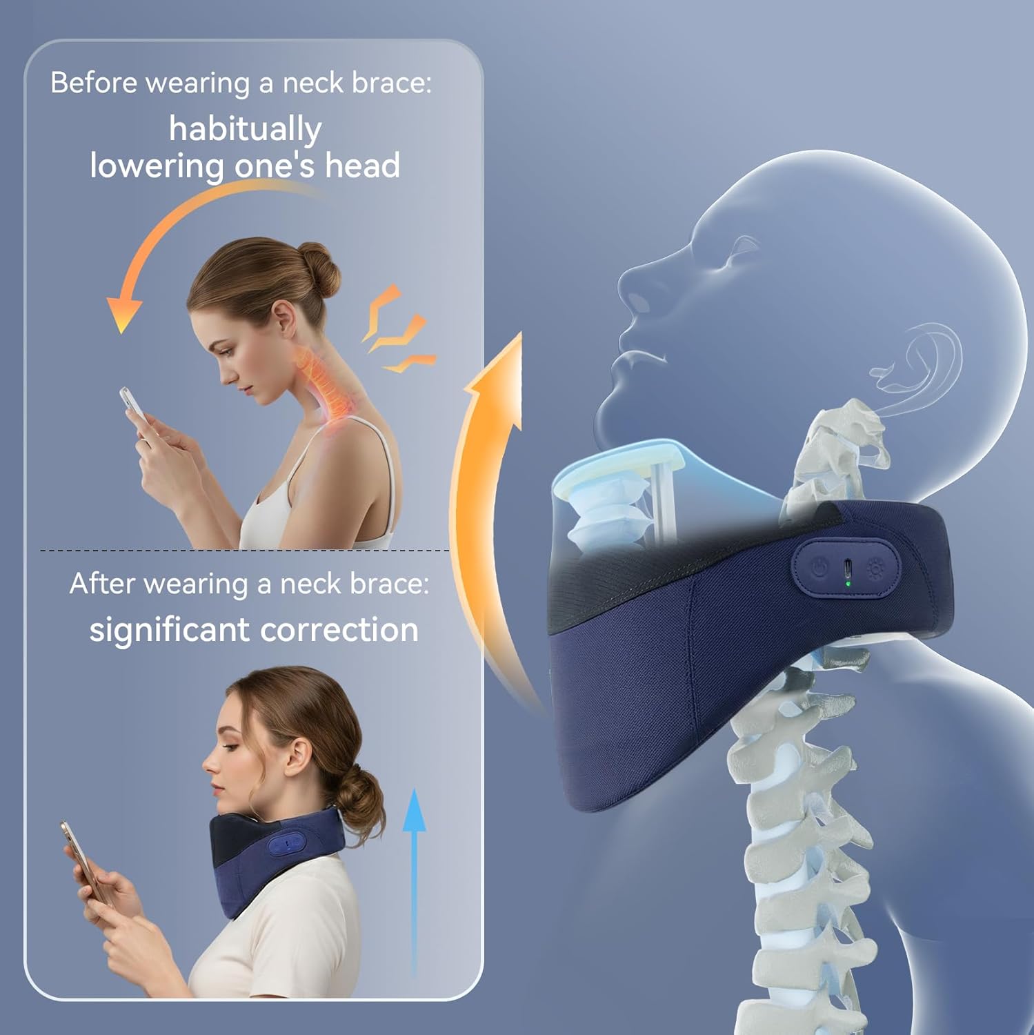 Yunari Cordless Neck Brace for Cervical Spine Posture Correction and Support, Patented Traction Device with Intelligent Adjust and Hot Compress, Neck Brace for Men and Women, （Navy Blue, Medium）