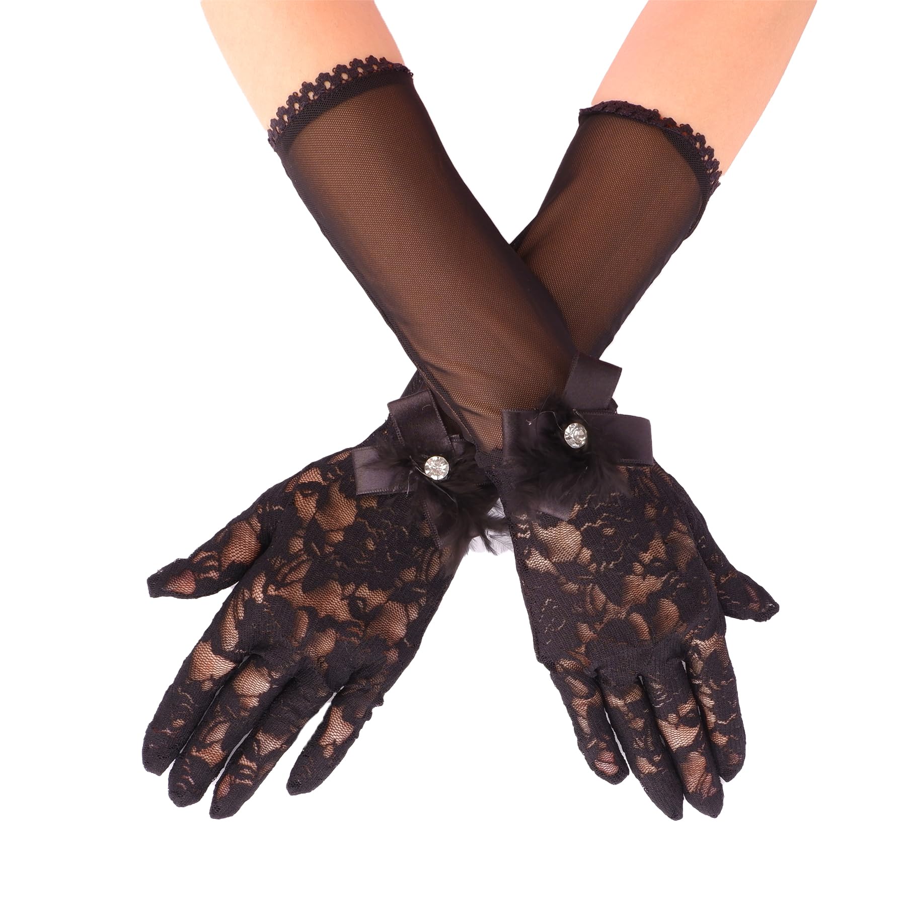 LIMELIA Braut-Hochzeitshandschuhe – Transparente Spitzenhandschuhe mit Federbändern für Frauen und Mädchen für Geburtstags, Abschlussball, Kostümparty, Henna-Nacht | Tüllhandschuhe – Schwarz