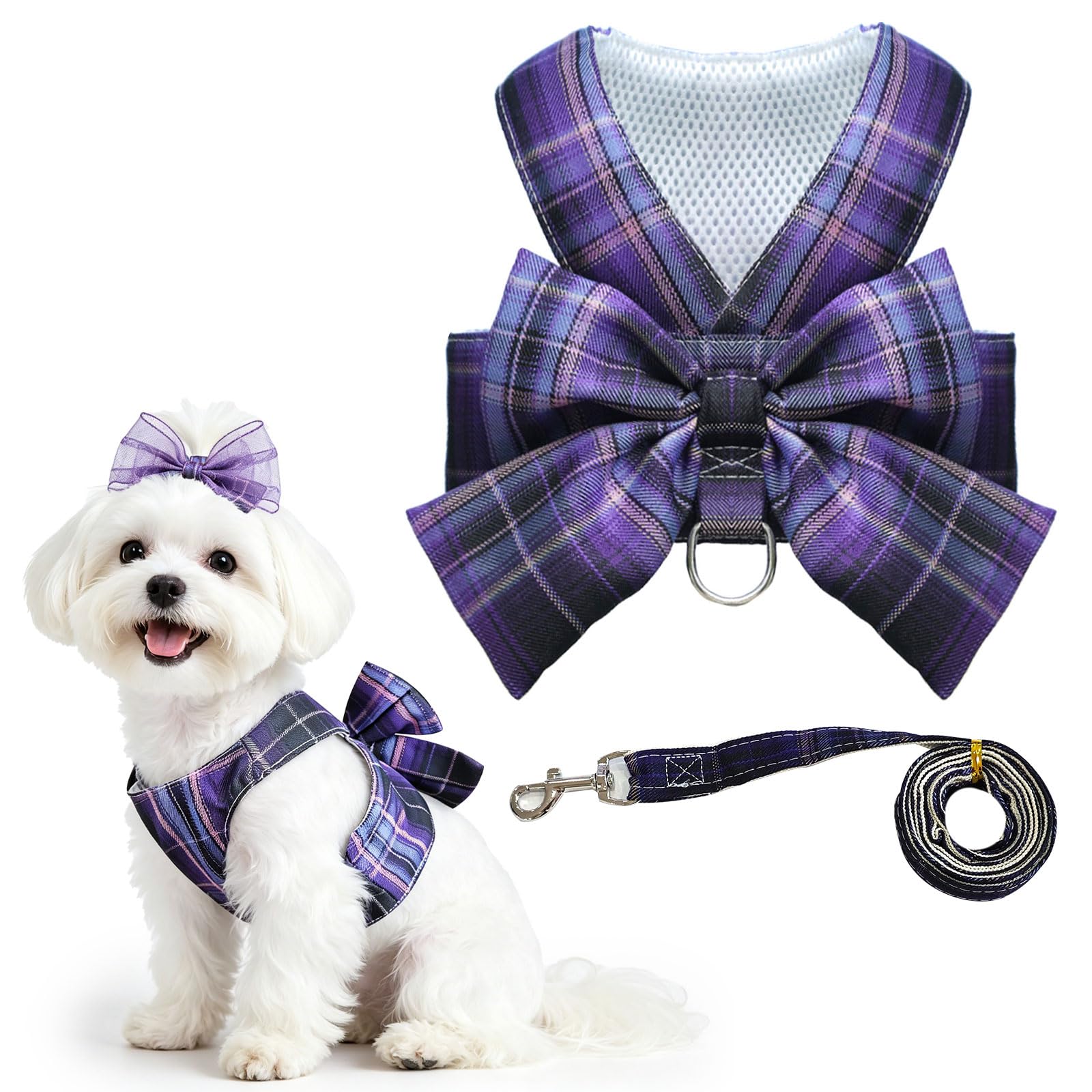UETZLTB Cute Dog Harness and Leash Set with Bow Tie Soft Mesh Plaid Girl Puppy Harness No Pull Pet Cat Dog Vest Harness for Small Dogs Chihuahua