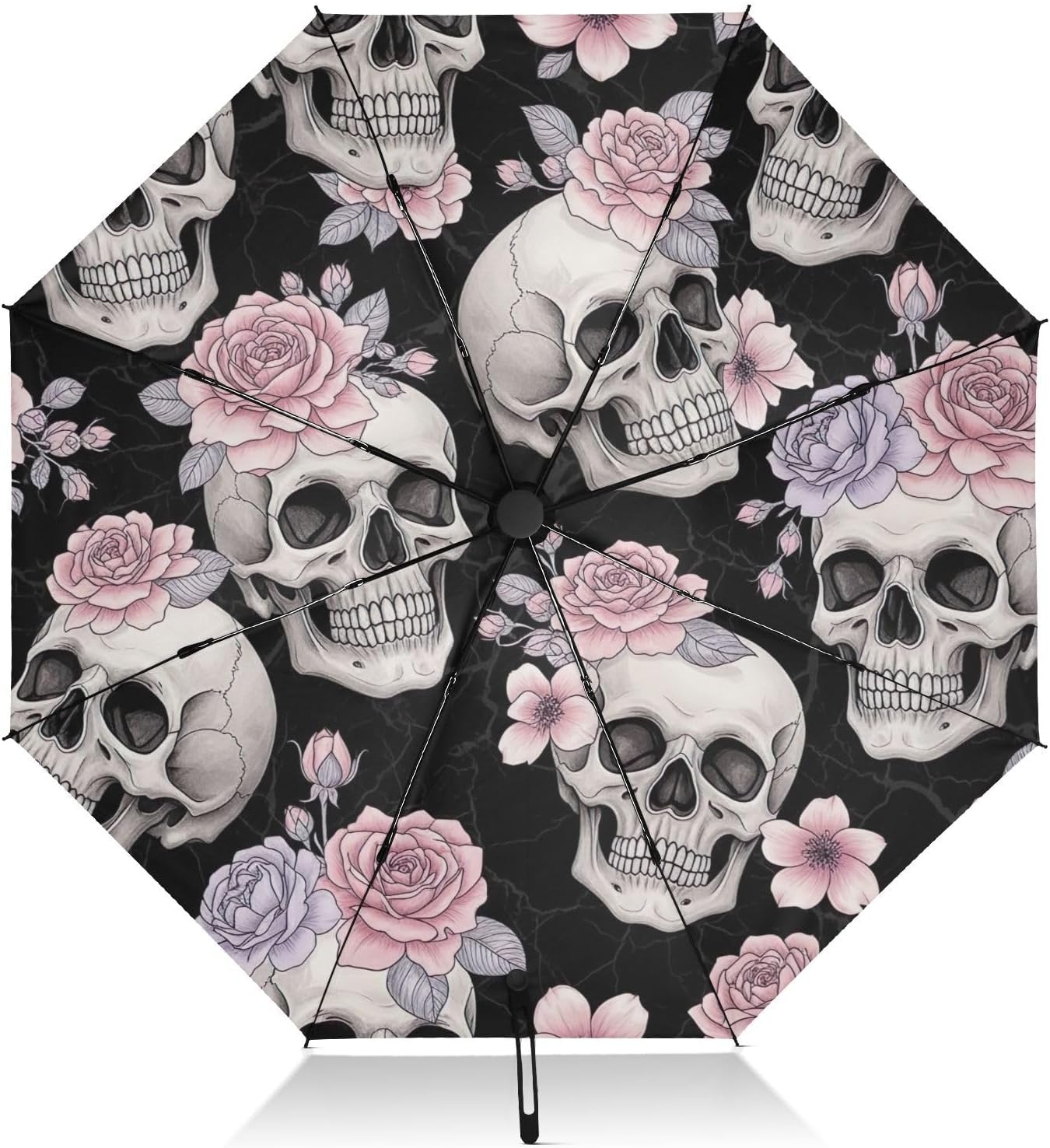 Travel Umbrella, Lightweight Portable Automatic Open/close Umbrella for Women, Travel Umbrellas for Rain, Wind and Sun, Skulls Pink Purple Flowers