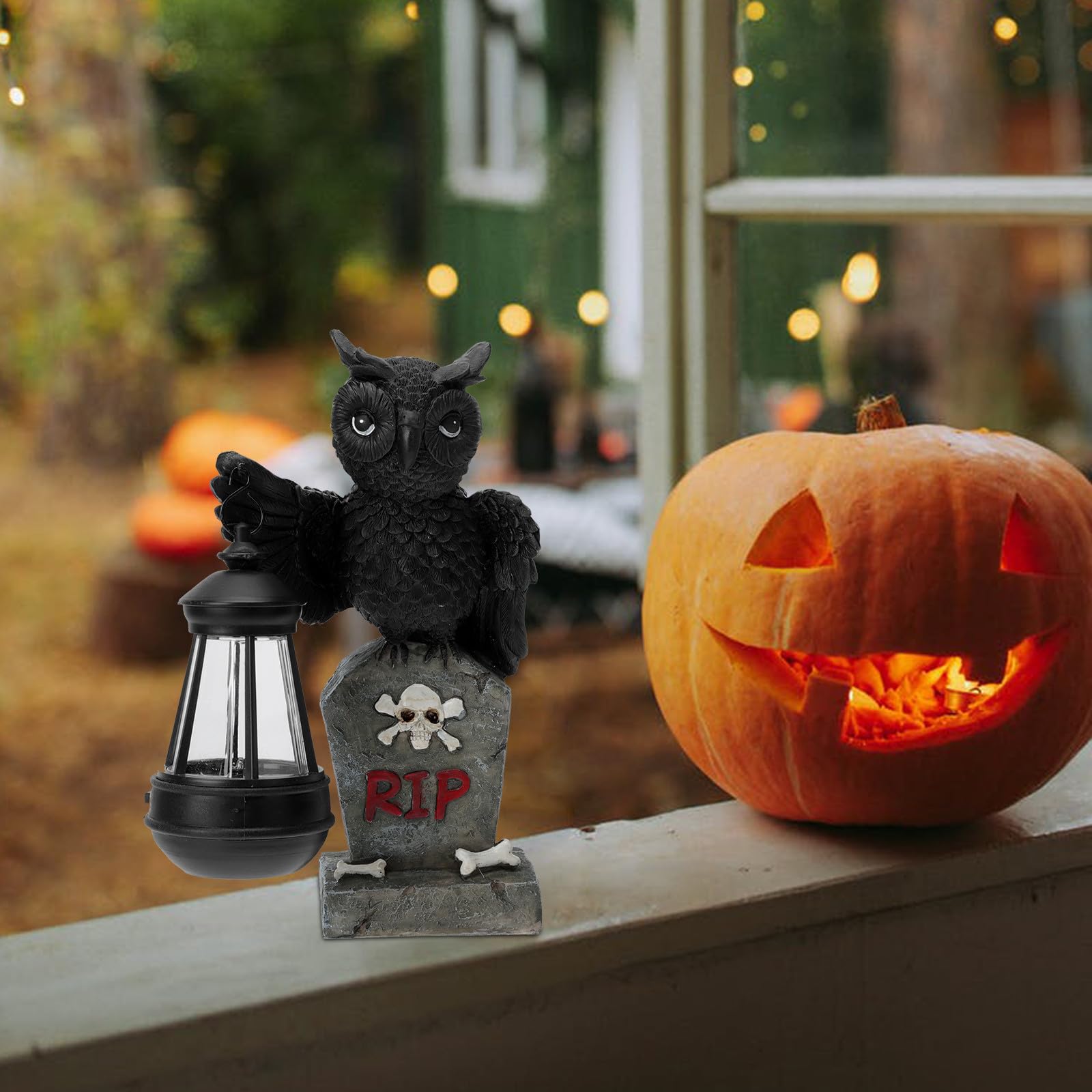 Garneck Búho Solar de Halloween en Resina para Fiestas Decorativas
