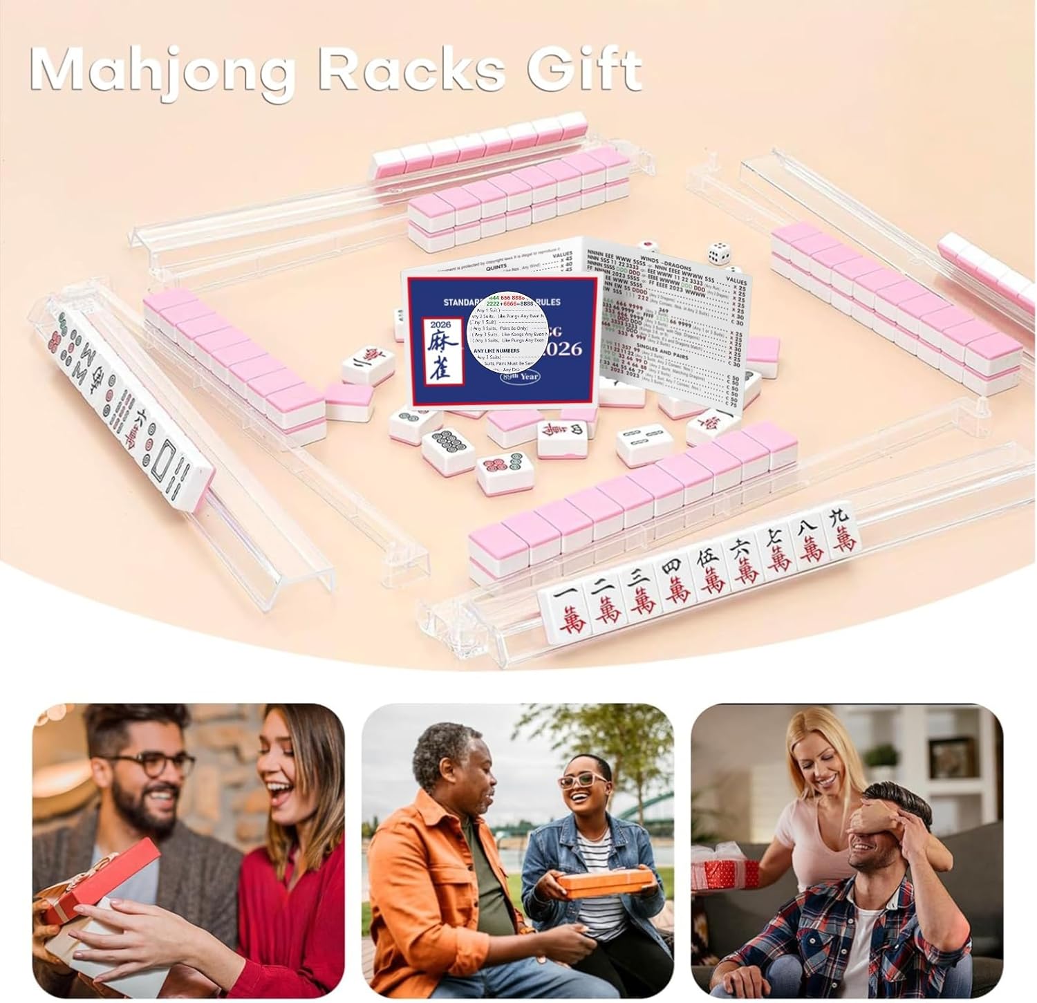 4PCS Clear Acrylic Mahjong Racks with Pushers, Dice & Rule Cards - The Ultimate All-in-One Set for American Mahjong (excluding Mahjong)
