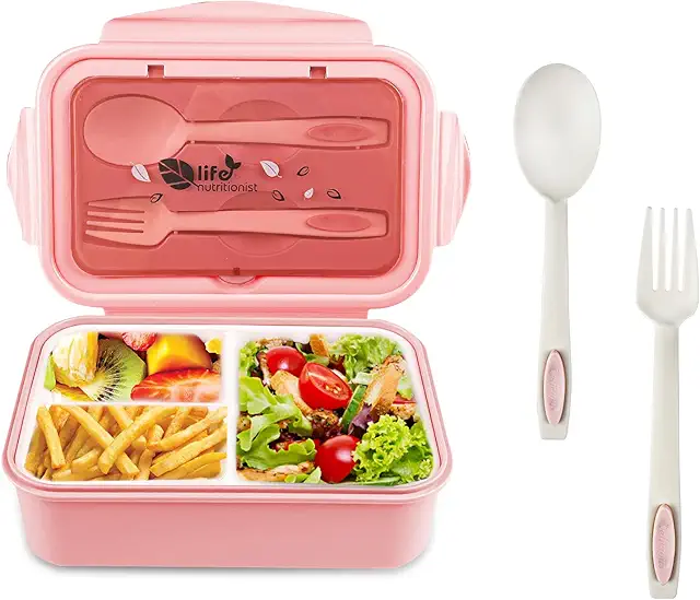 Newpop Bento Lunch Box with 3 Compartments, Spoon & Fork, 1400ml, Pink
