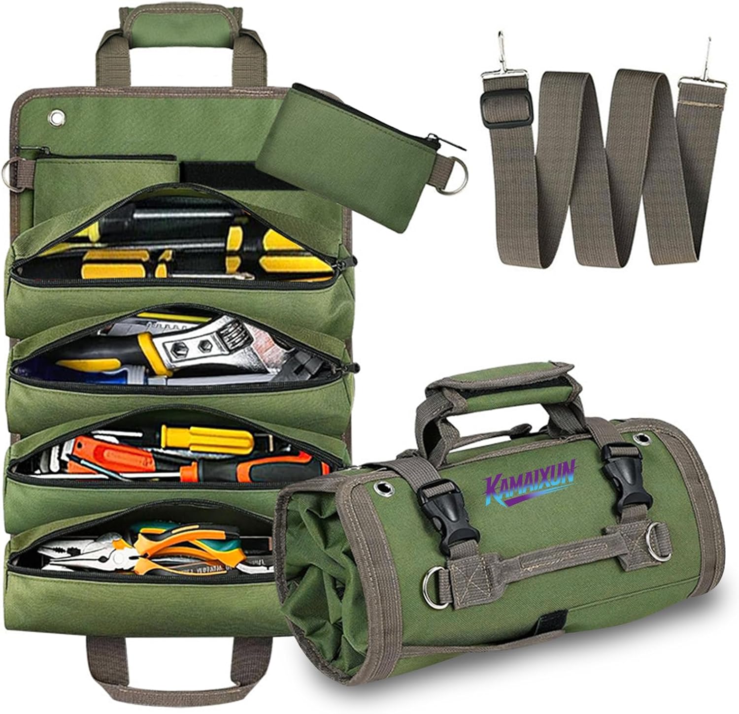 Roll Up Tool Bag Organizer for Men with 4 Compartments & 2 Detachable Pouches, Heavy Duty Portable Soft Tool Storage Bag with Accessible Pouches, Presents for Dad, Mechanic & Electrician