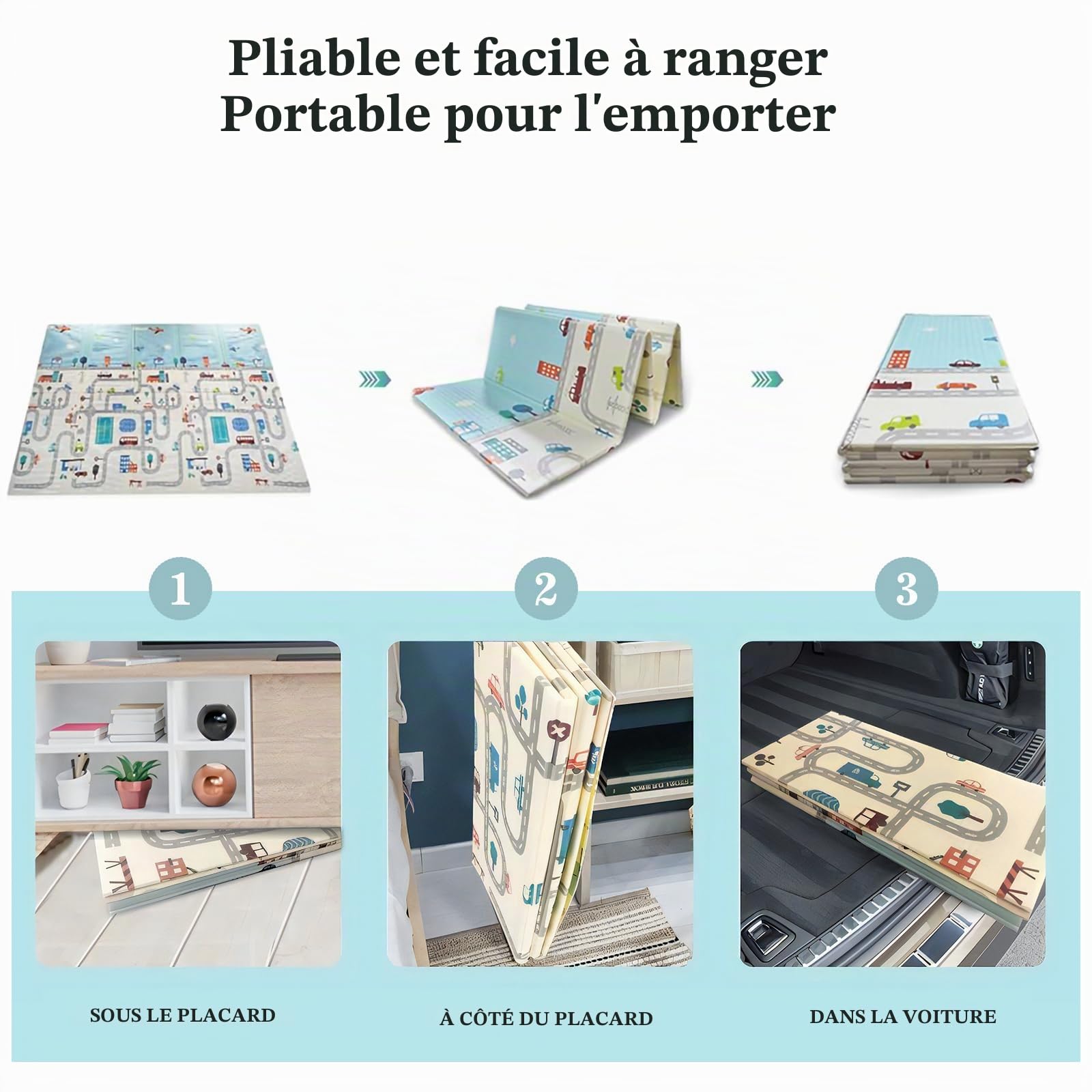 Grand tapis de jeu en mousse pour enfants, tout-petits, nourrissons, ultra épais, pliable, antidérapant, 79.8 cm x 200 cm, Trafic.