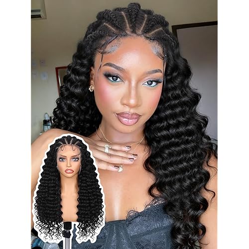 Lady Miranda 13x6 Lace Front Braided Wigs for Black Women Cornrow Braided Wig with Curly Ends Pre Braids Lace Front Wig Pre Plucked Curly Wigs for Black Women(Natural Black, 22 Inch)