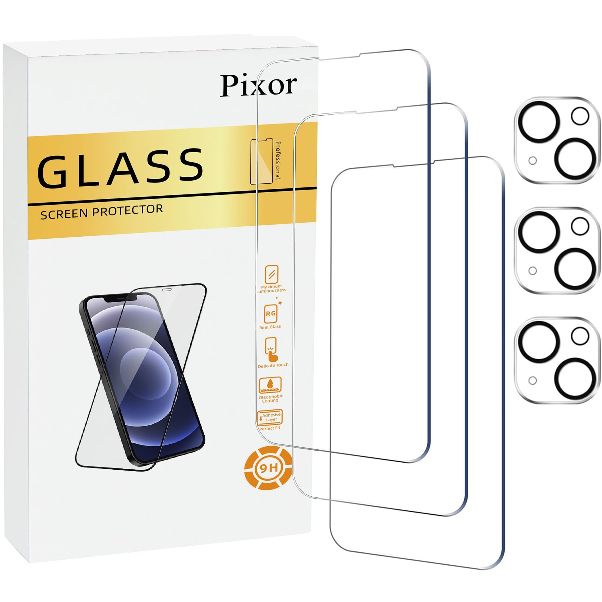 Pixor Screen Protector for iPhone 15 Plus (6.7-inch),Transparent 9H Hardness tempered glass, 3-Pack Screen Protector and 3-Pack Camera Lens