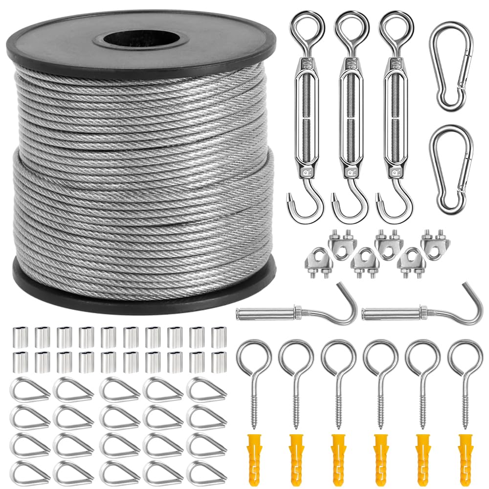 String Light Hanging Kit 164ft 1/16” Thru 3/38” 304Stainless Steel String Light Suspension Kit PVC Overmolding Turnbuckle Wire Rope Kit Vinyl Coated Aircraft Cable DIY Hanging with Accessories