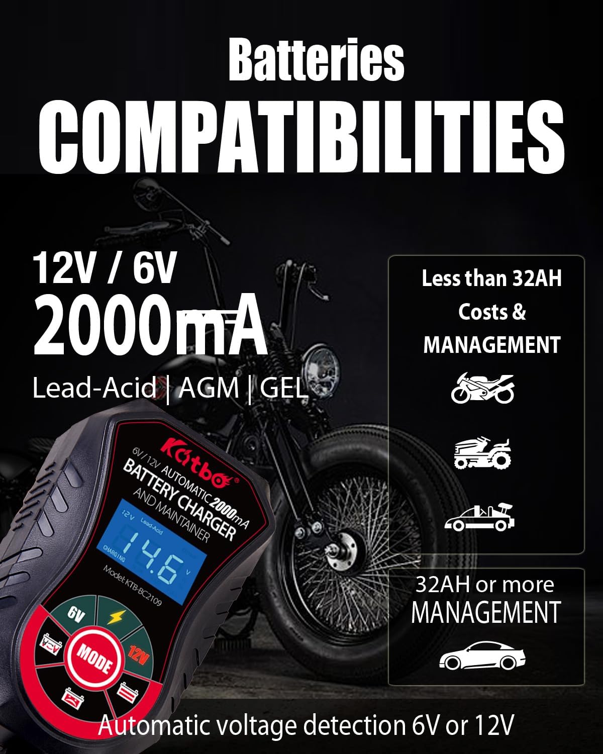 KATBO KTB-BC2109 2A Battery Charger displaying '14.6V' and 'Lead-Acid', with icons for 6V and 12V selection, indicating compatibility with Lead-Acid, AGM, and GEL batteries.