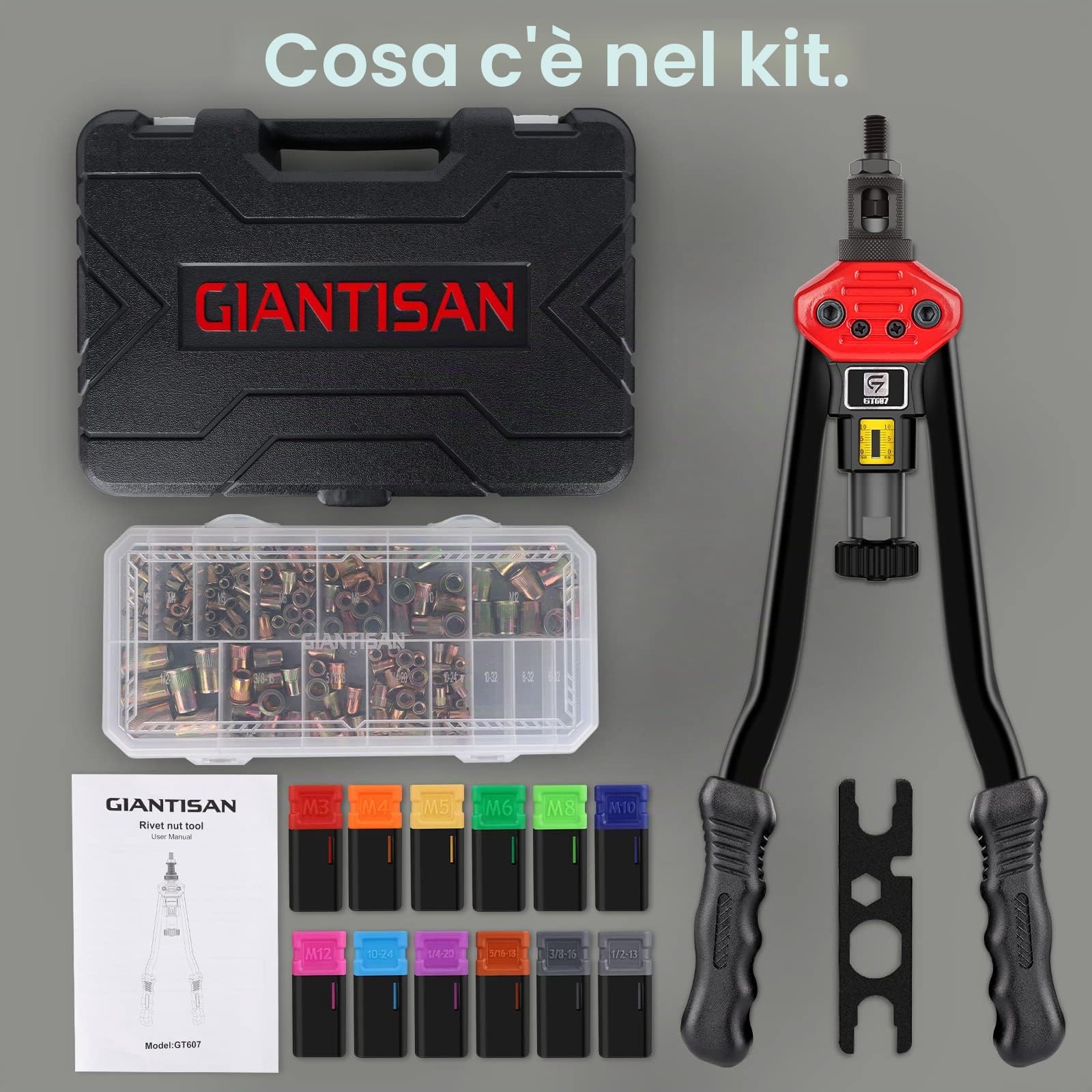 Giantisan Utensile per dadi per rivetti da 40,6 cm, kit con 12 mandrini metrici e SAE, dadi per rivetti, 176 pezzi e robusta custodia per il trasporto