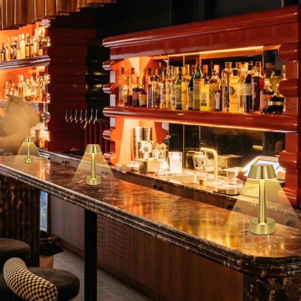 UMEXUS 2 Pack Rechargeable Small Cordless Table Lamp, LED Battery Operated Touch 3 Color Dimming Bedside Nightstand Desk Lamps Metal Portable Night Lights for Bedroom Bar Restaurant Outdoor Gold