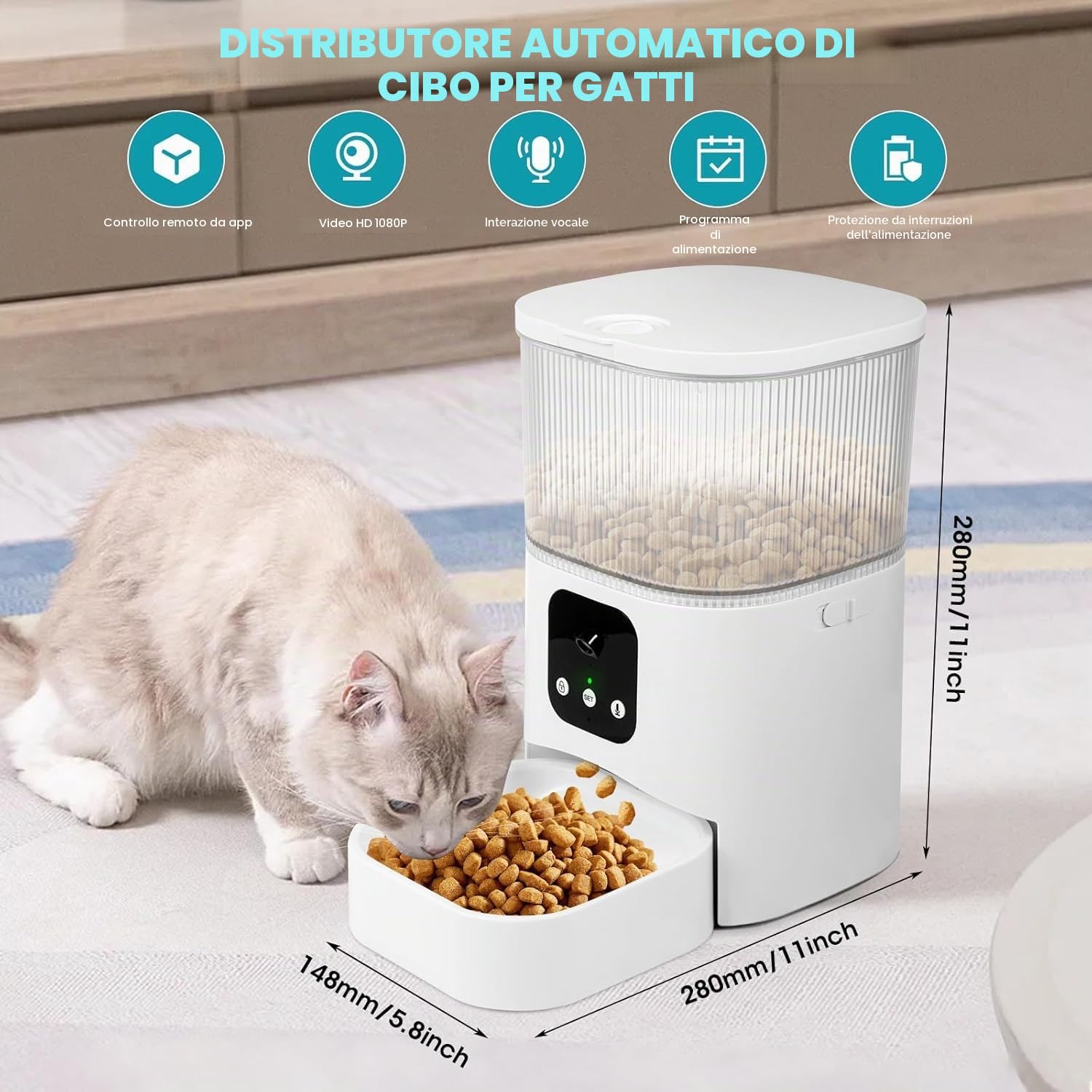Distributore Automatico Cibo Gatti, 3L Dispenser Cibo Gatti con Fotocamera 1080P, 2,4G Wifi+Bluetooth, Funzione Timer e Registrazione Vocale